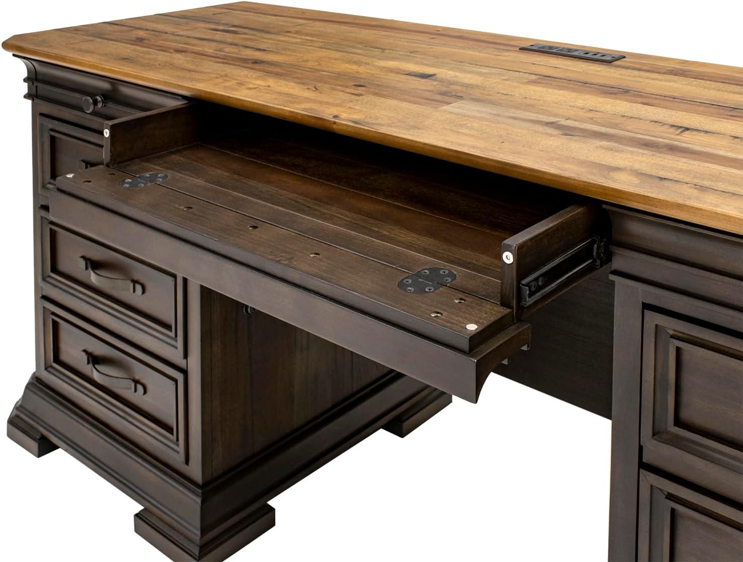 Executive Credenza Desk Writing Table With Solid Wood Plank Top Brown