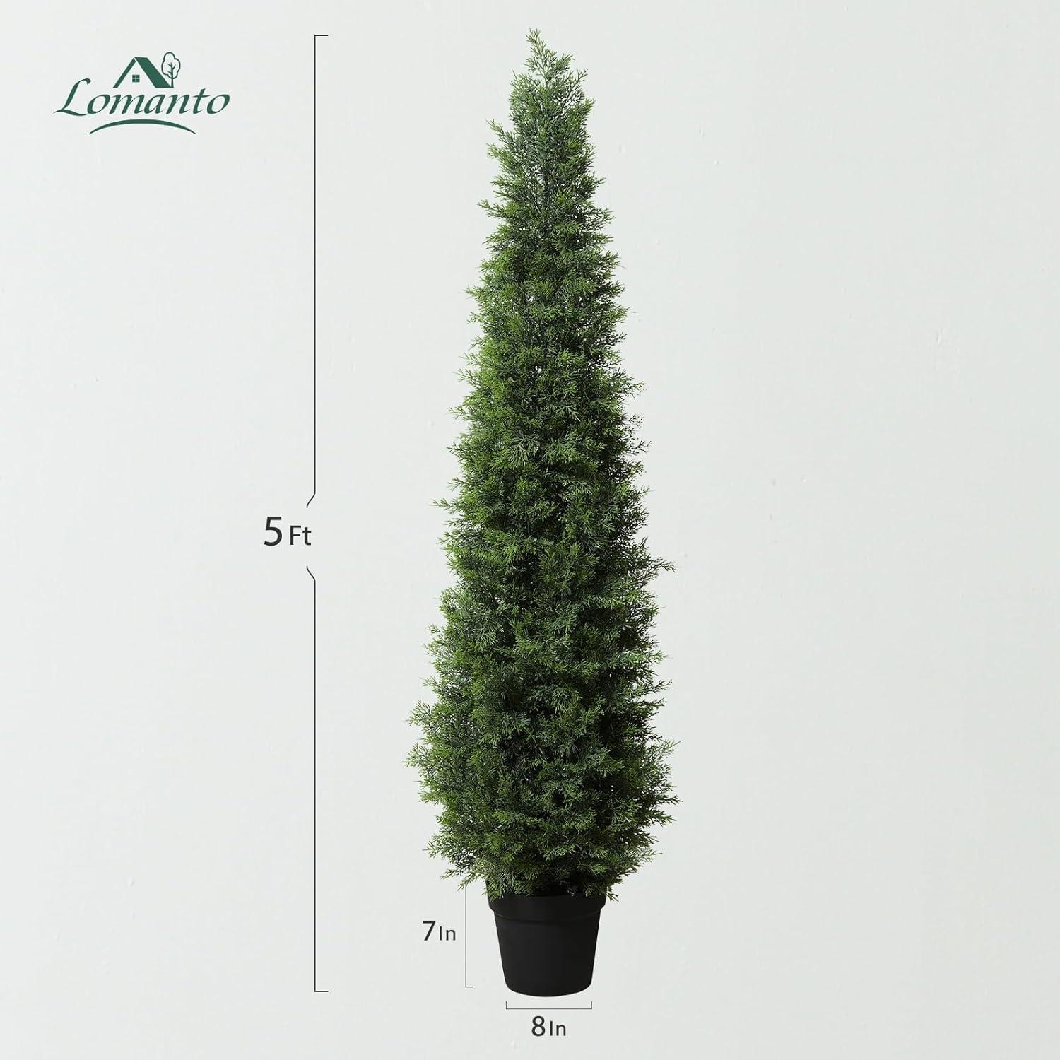 5ft Artificial Cedar Topiary Trees for Outdoors, Fake Cypress Plants with Solar Light String, Faux uv resistant Plants for Home Front Porch Decor, Housewarming Gift
