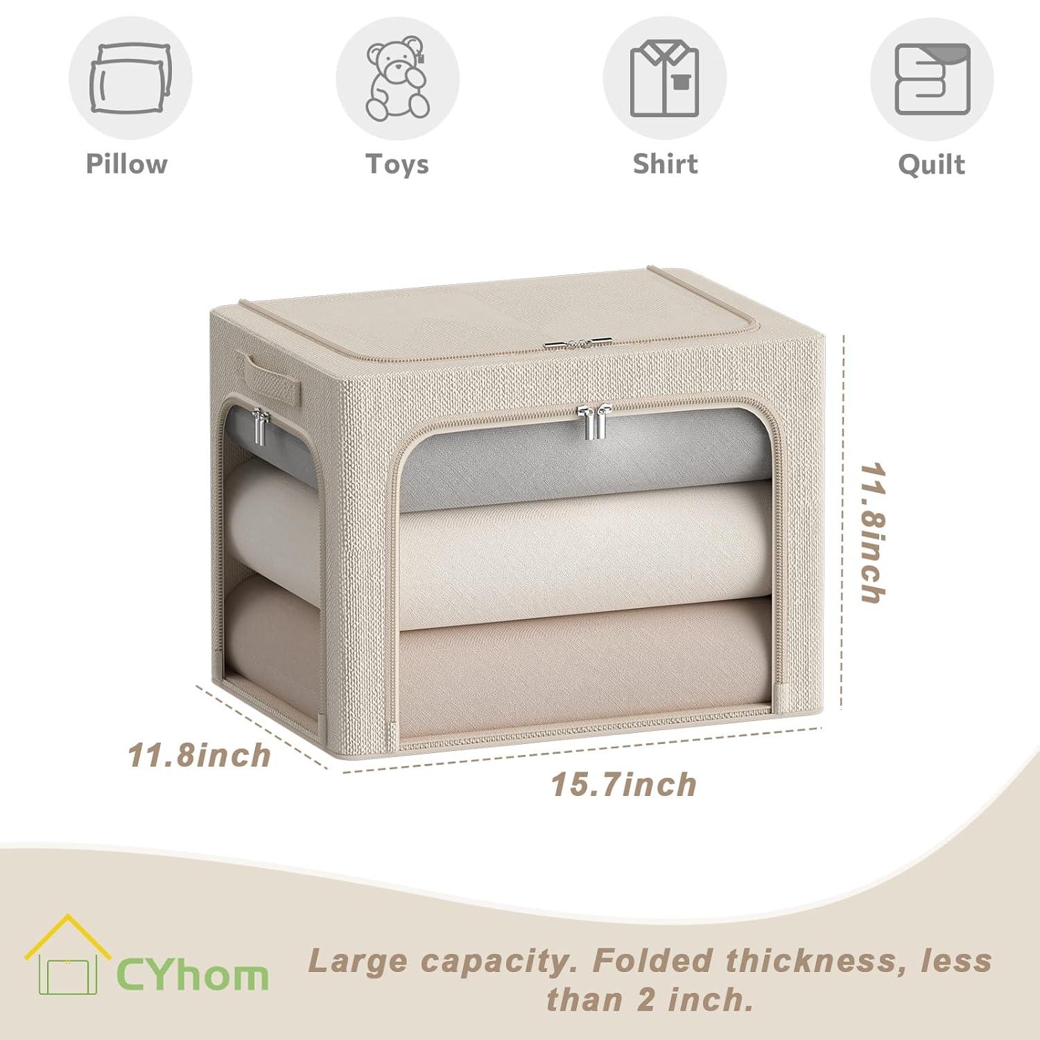 3 Openings Clothes Storage Bins With Metal Frame, Foldable Storage Bin For Clothes, Clothing Storage Bins With Lid, Linen Storage Box With Clear Window& Zippers& Durable Handles.(3 Pcs,Light Grey,40L)