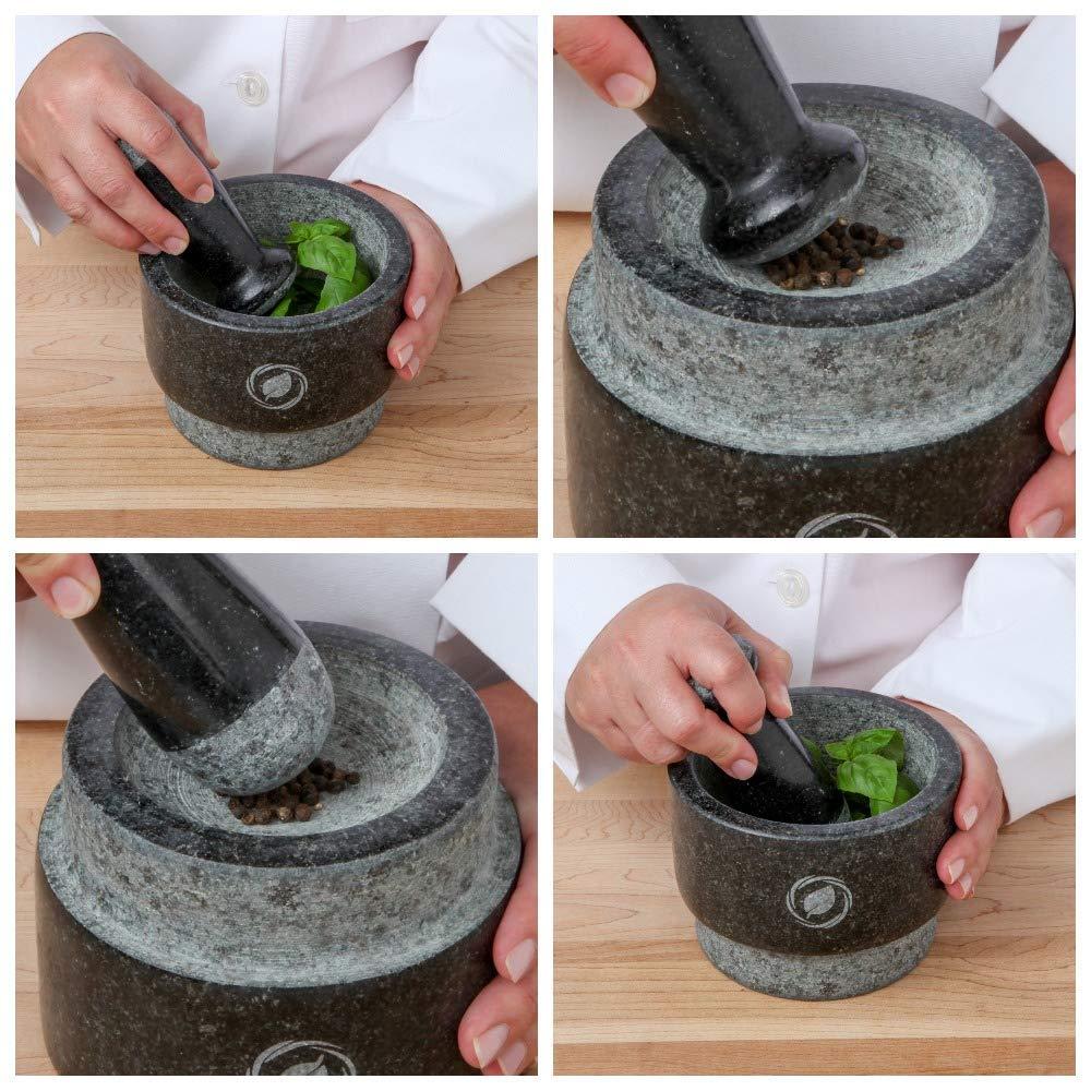 Mortar and Pestle Large Set - Laevo Black Granite Stone Spice Grinder, 2.1 Cup Capacity, 5.5 Inches - Reversible Molcajete Mexicano - Guacamole, Spices - Large Mortar and Pestles Set