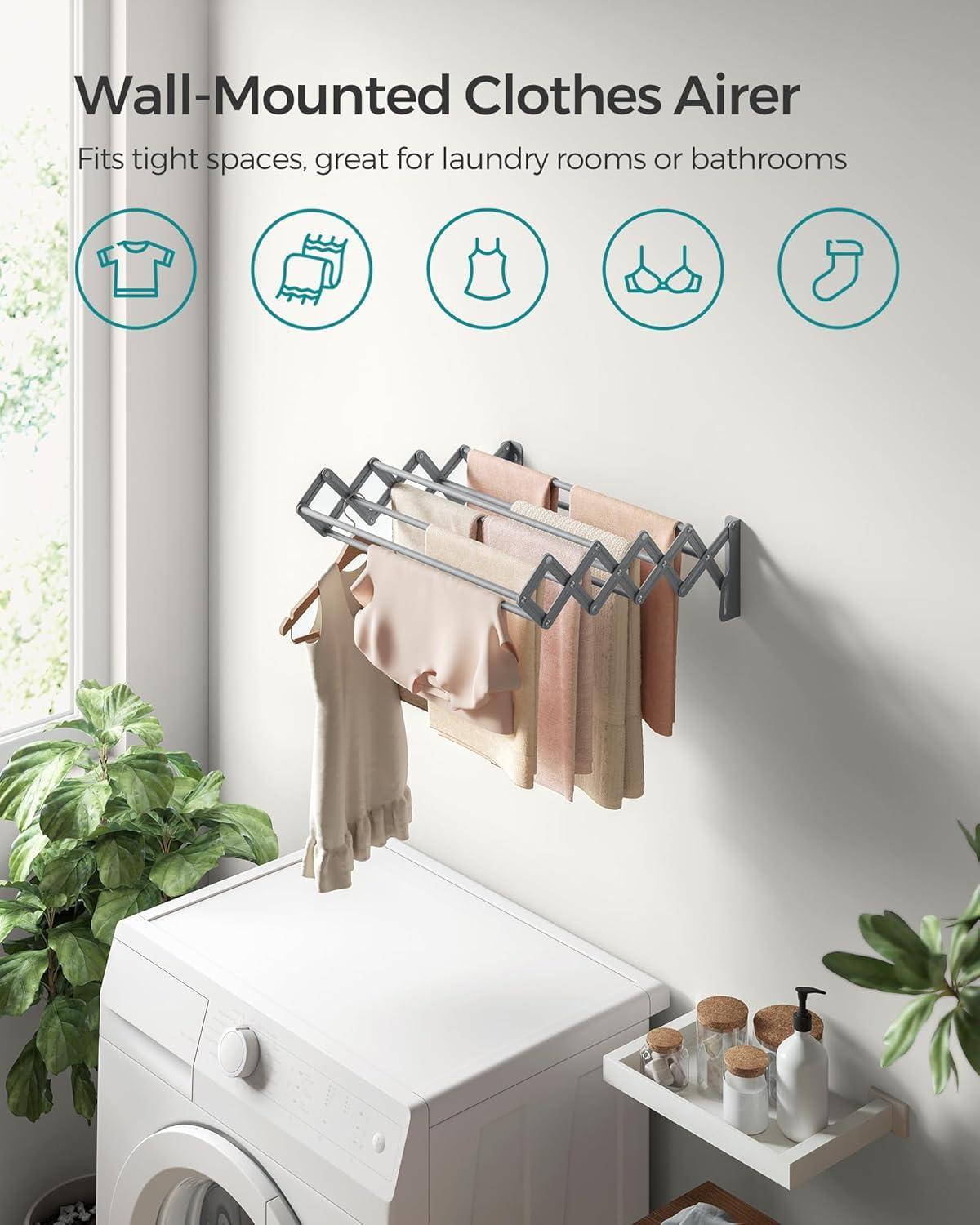 SONGMICS Clothes Drying Rack, Wall-Mounted Drying Rack Clothing, Small Accordion Laundry Rack, 9 Staggered Hanging Rods, Expandable and Retractable, Cloud White ULLR802W01