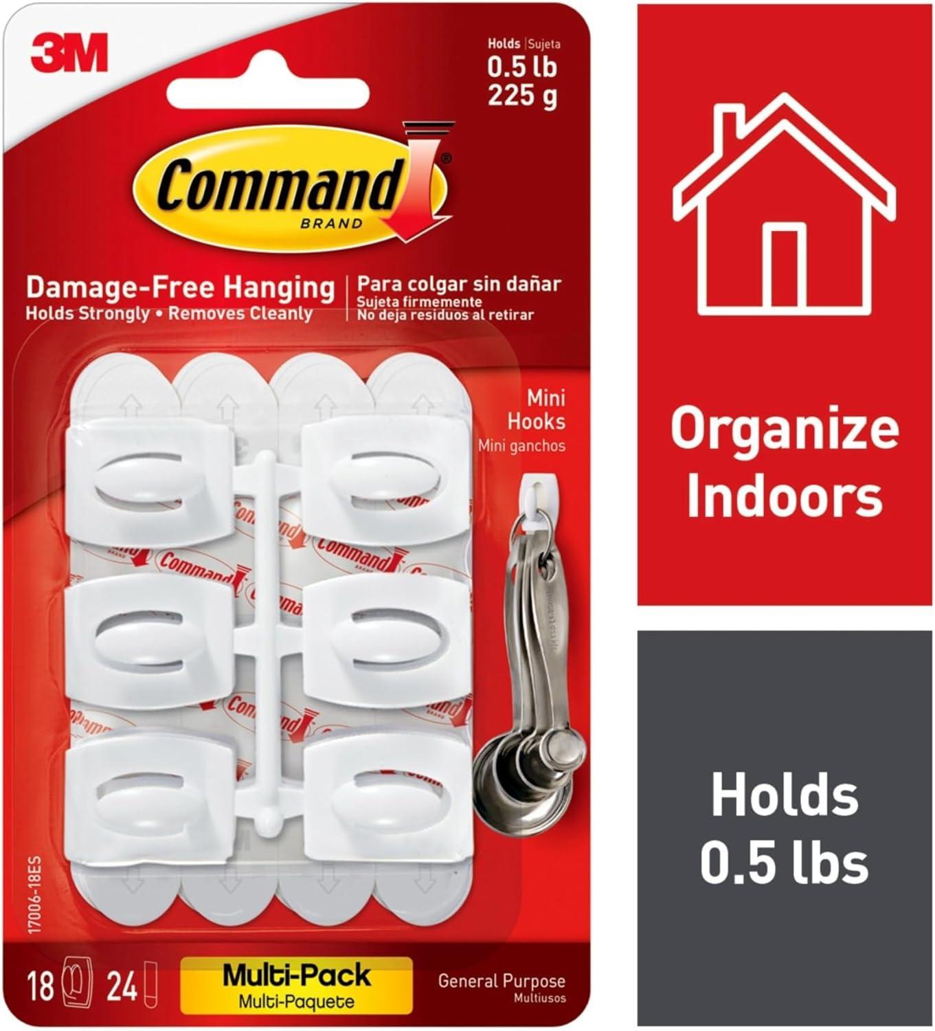 Command Mini Wall Hooks, White, Damage Free Decorating, 18 Hooks and 24 Command Strips