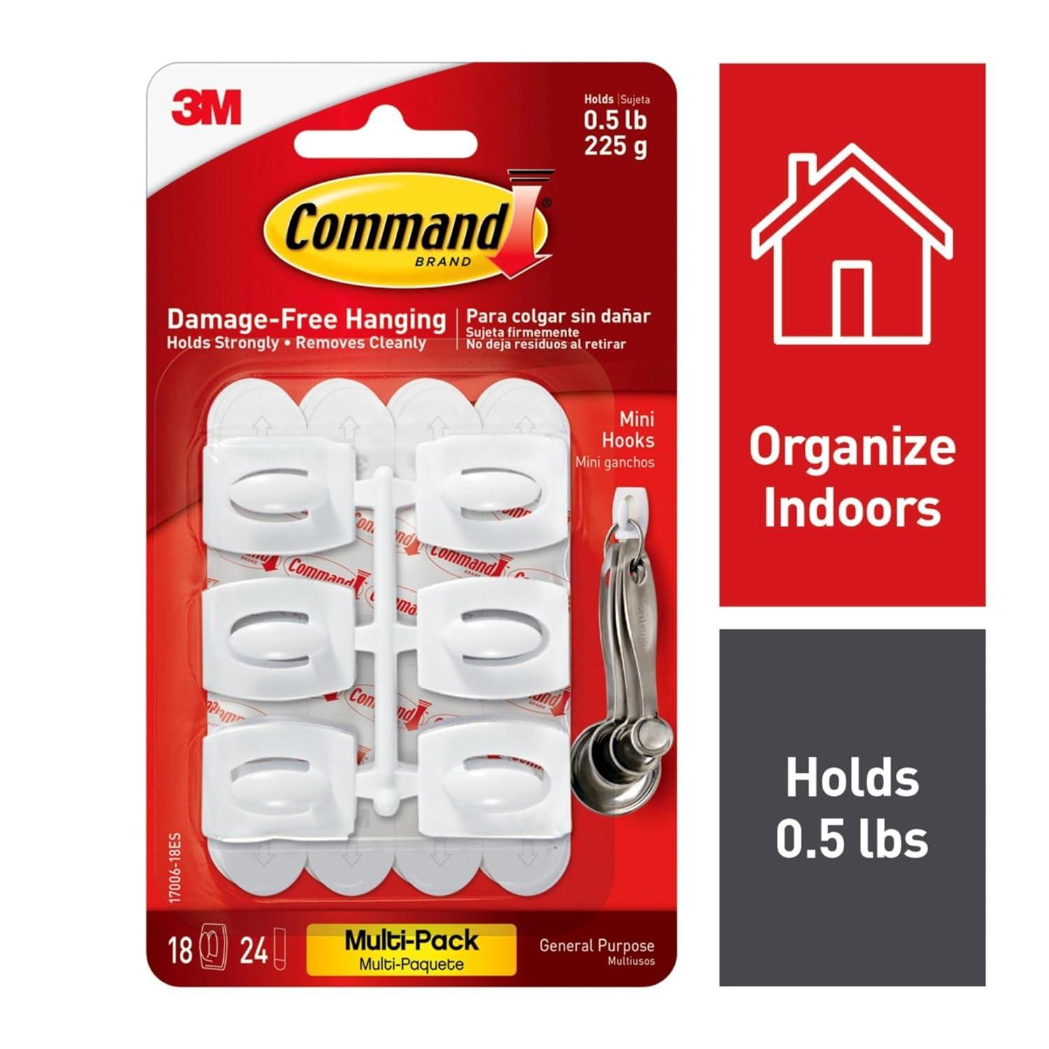 Command Mini Wall Hooks, White, Damage Free Decorating, 18 Hooks and 24 Command Strips