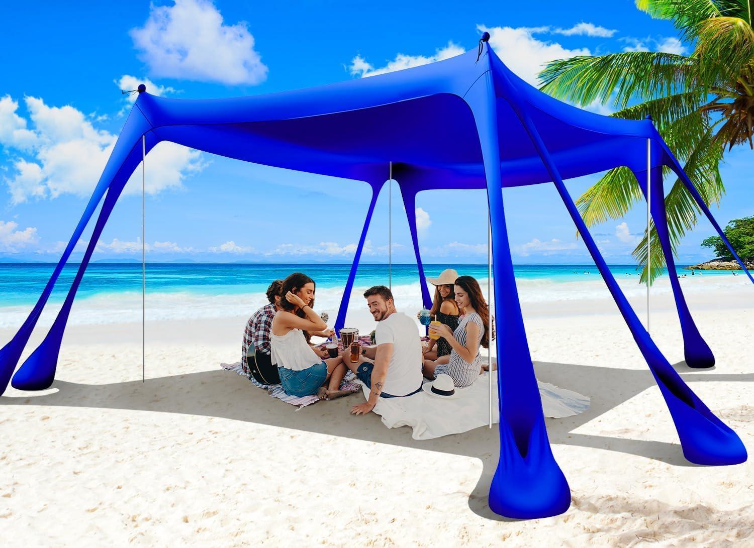 Beach Tent Canopy Pop Up Shade 10x10ft Sun Shelter Portable Family UPF50+ with 8 Sandbags-2 Sand Shovel-4 Aluminum Poles-Ground Pegs-Carrying Bag for Outdoor Camping Fishing Backyard Picnic