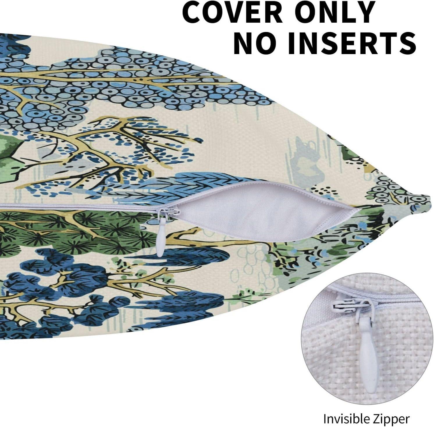Chinoiserie Pillow Covers 20 x 20 Set of 2 Asian Scenic Linen Throw Pillow Cover Vintage Blue and Green Farmhouse Decorative Pillowcases for Living Room Couch Bed Sofa Outdoor