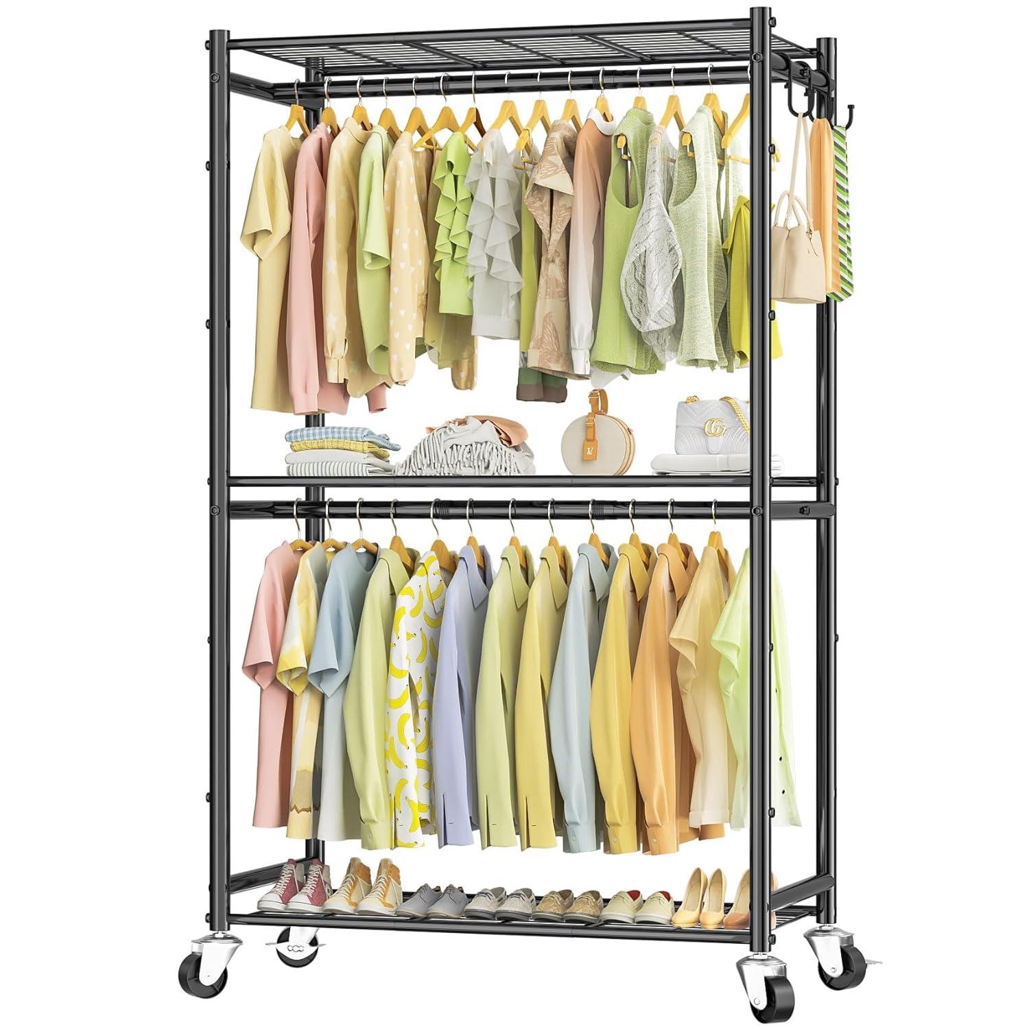 Rebrilliant 3 Tiers Rolling Clothes Rack With Wheels, Hanging Rods And Side Hooks