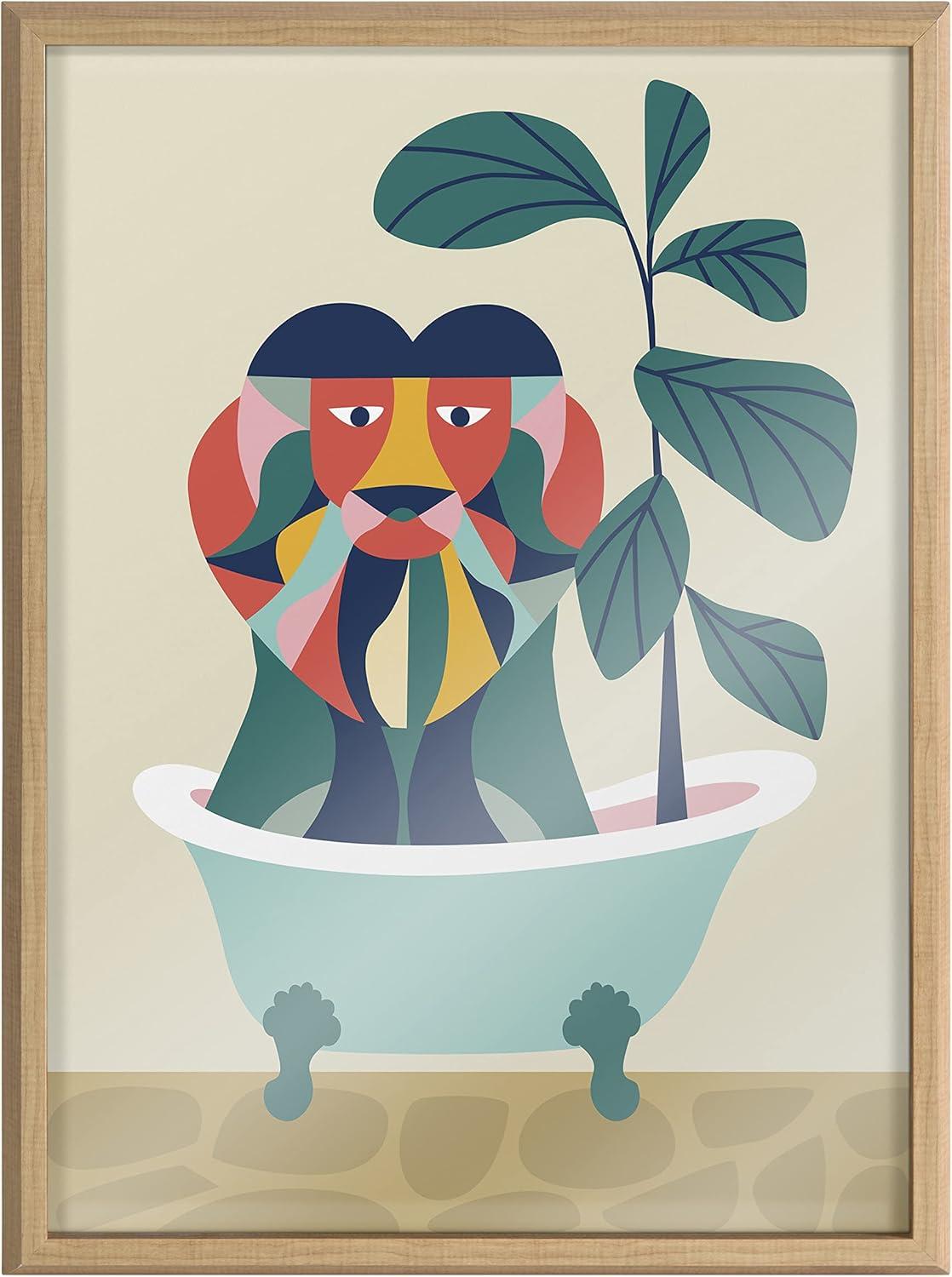 18" x 24" Blake Mid-Century Modern Lion in Bathtub Framed Art - Kate & Laurel All Things Decor: Whimsical Nursery Decor