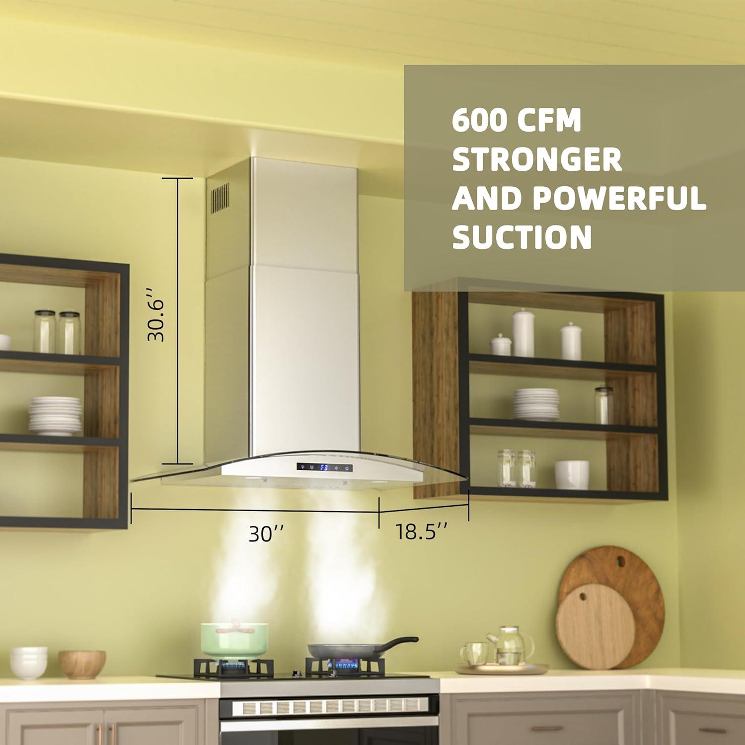 FIREGAS 30 inch Wall Mount Range Hood 600CFM with Ducted Exhaust Vent,3 Speed Fan,Soft Touch Controls,LED Lights,Permanent Filters in Stainless Steel,includes Charcoal Filter