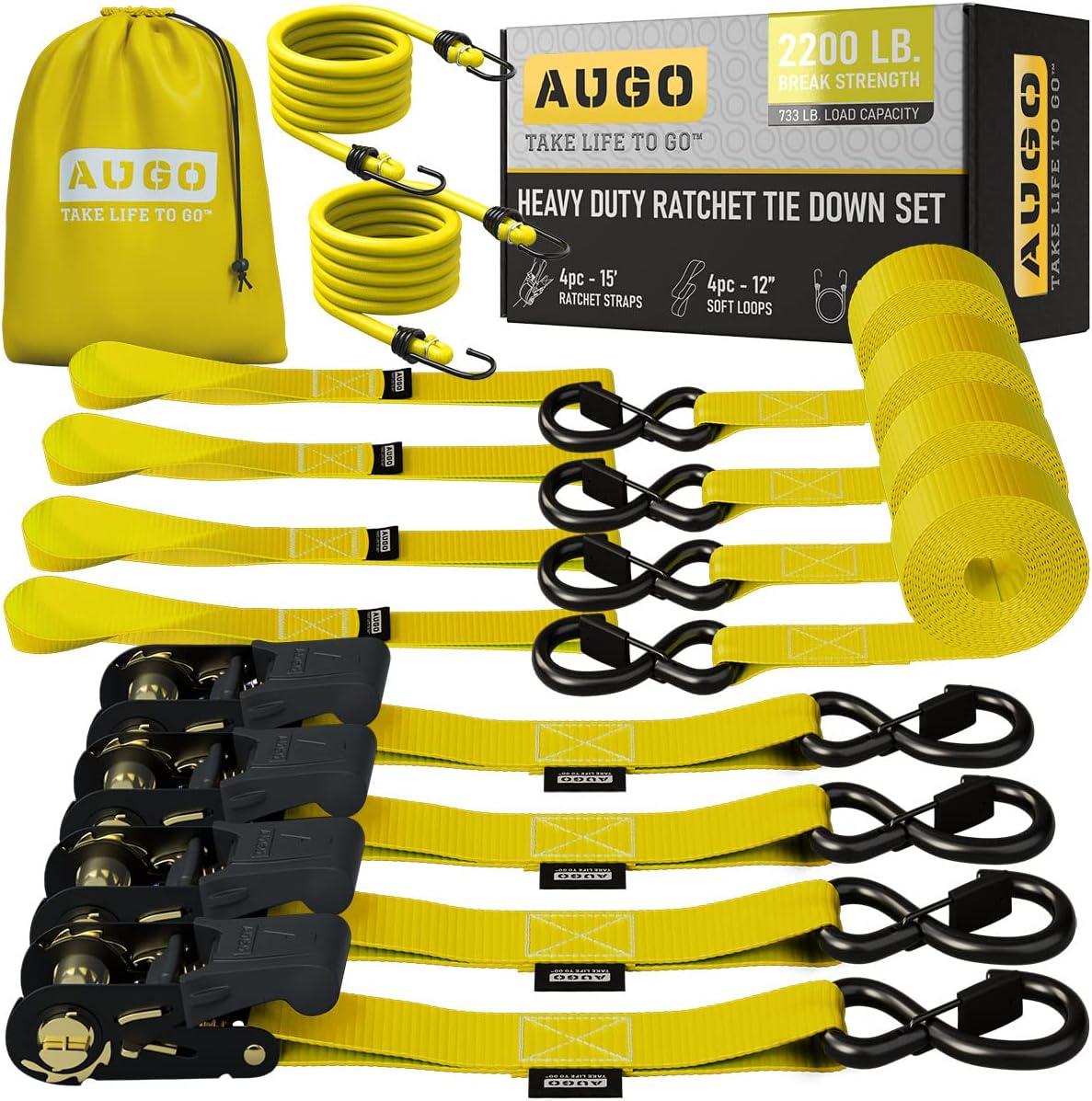 AUGO Ratchet Straps Heavy Duty 4 Pack -15 FT - 2200 LB Break Strength – Ratchet Tie Down Straps with Safety Lock S Hooks - Cargo Straps for Moving, Appliances, Motorcycle – Soft Loop Tie Down Straps