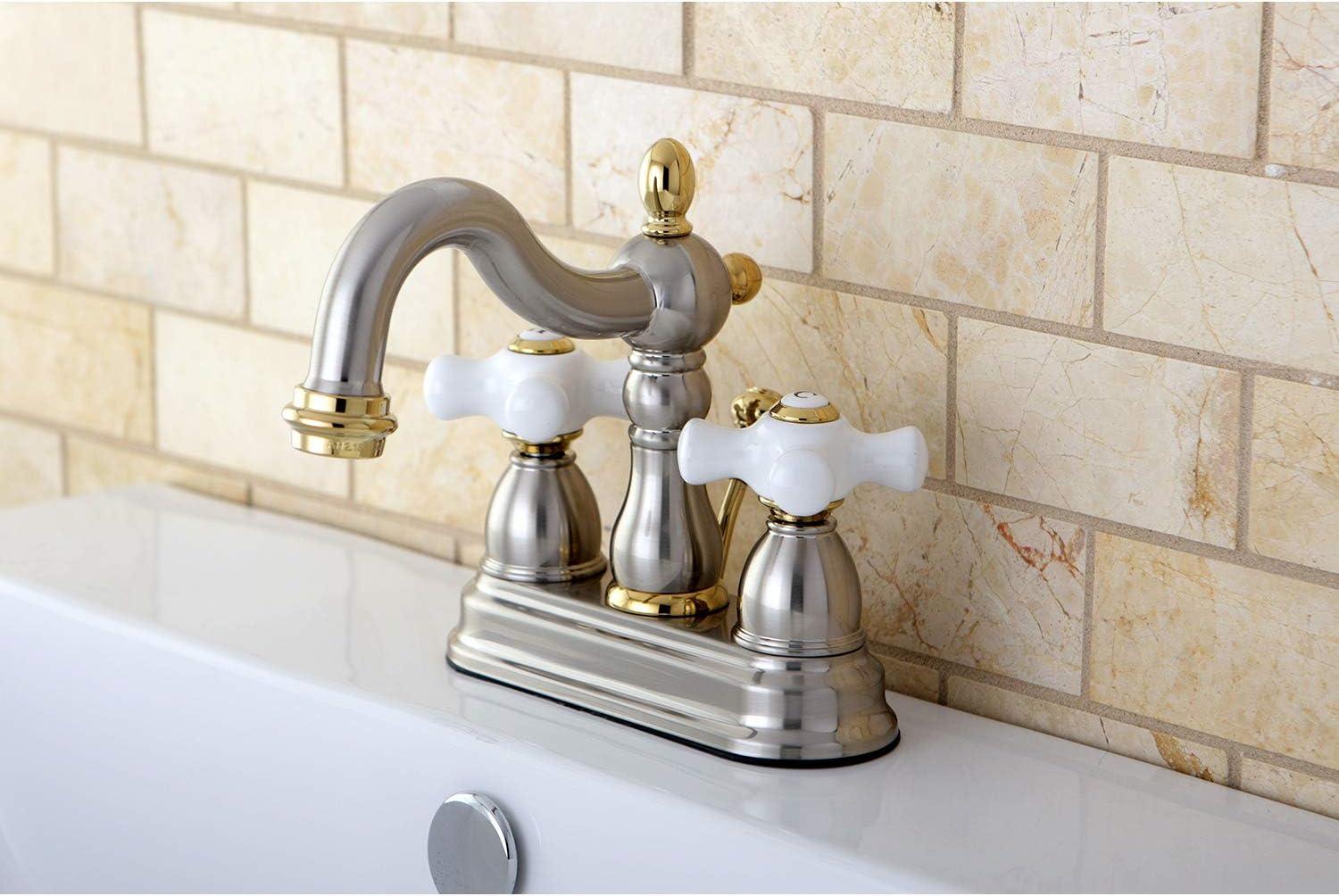 Kingston Brass Heritage Two-Handle 3-Hole Deck Mount 4" Centerset Bathroom Faucet with Plastic Pop-Up
