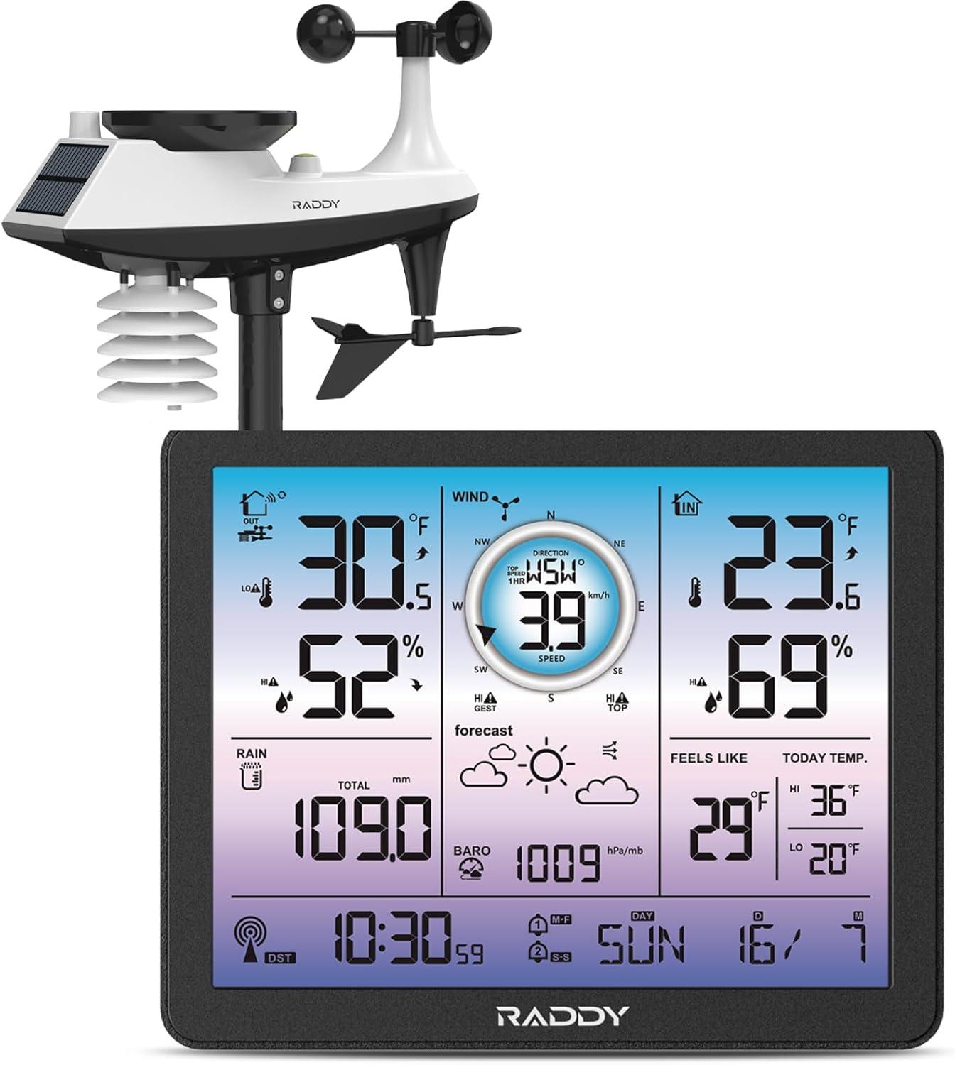 Raddy VP7 Weather Station | Wireless Indoor Outdoor Thermometer | 7.4'' Digital Color Display with Atomic Weather Clock | Temperature Humidity Monitor with Weather Forecast and Barometric Pressure