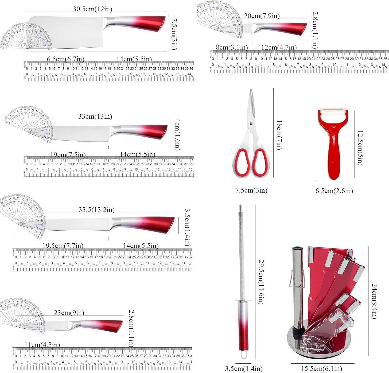 Kitchen Knife Set, 9-Pieces Red Coated Knife Block Set, Stainless Steel Chef knife Set with Sharpener Peeler Scissors, Sharp Non-Stick Knives Set with Rotatable Holder for Cutting Slicing Dicing
