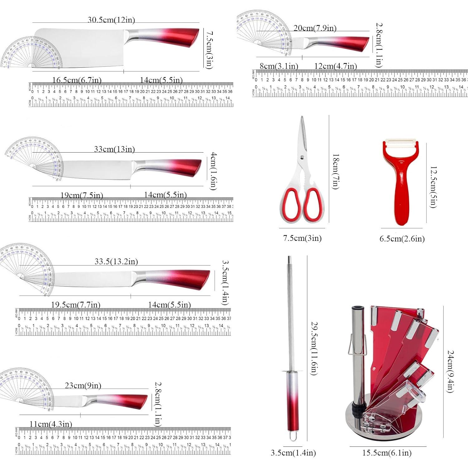 Kitchen Knife Set, 9-Pieces Red Coated Knife Block Set, Stainless Steel Chef knife Set with Sharpener Peeler Scissors, Sharp Non-Stick Knives Set with Rotatable Holder for Cutting Slicing Dicing