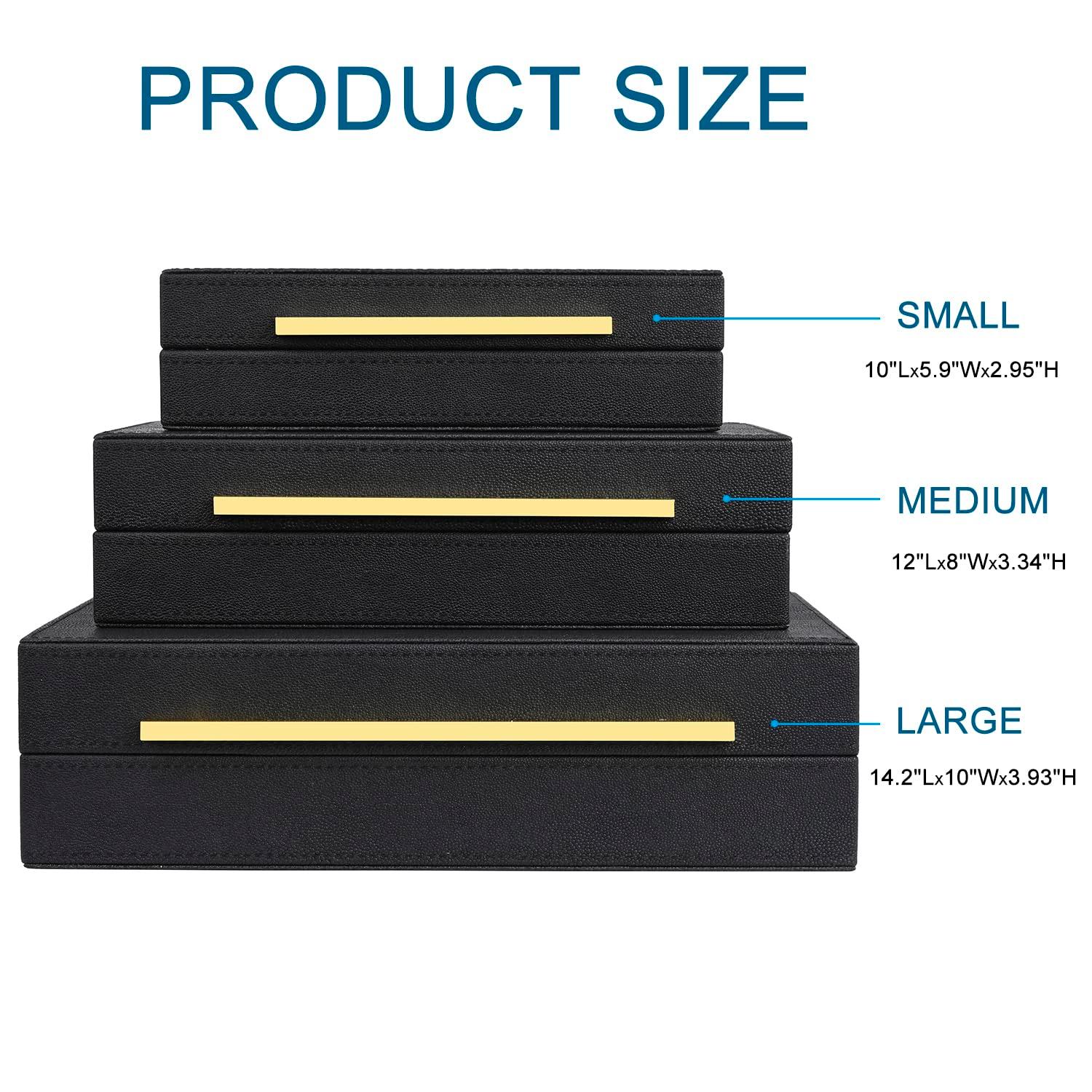 Faux  Leather Decorative Jewelry Storage Nesting Organizer Boxes with Lids Gold Handle Set of 3, Black