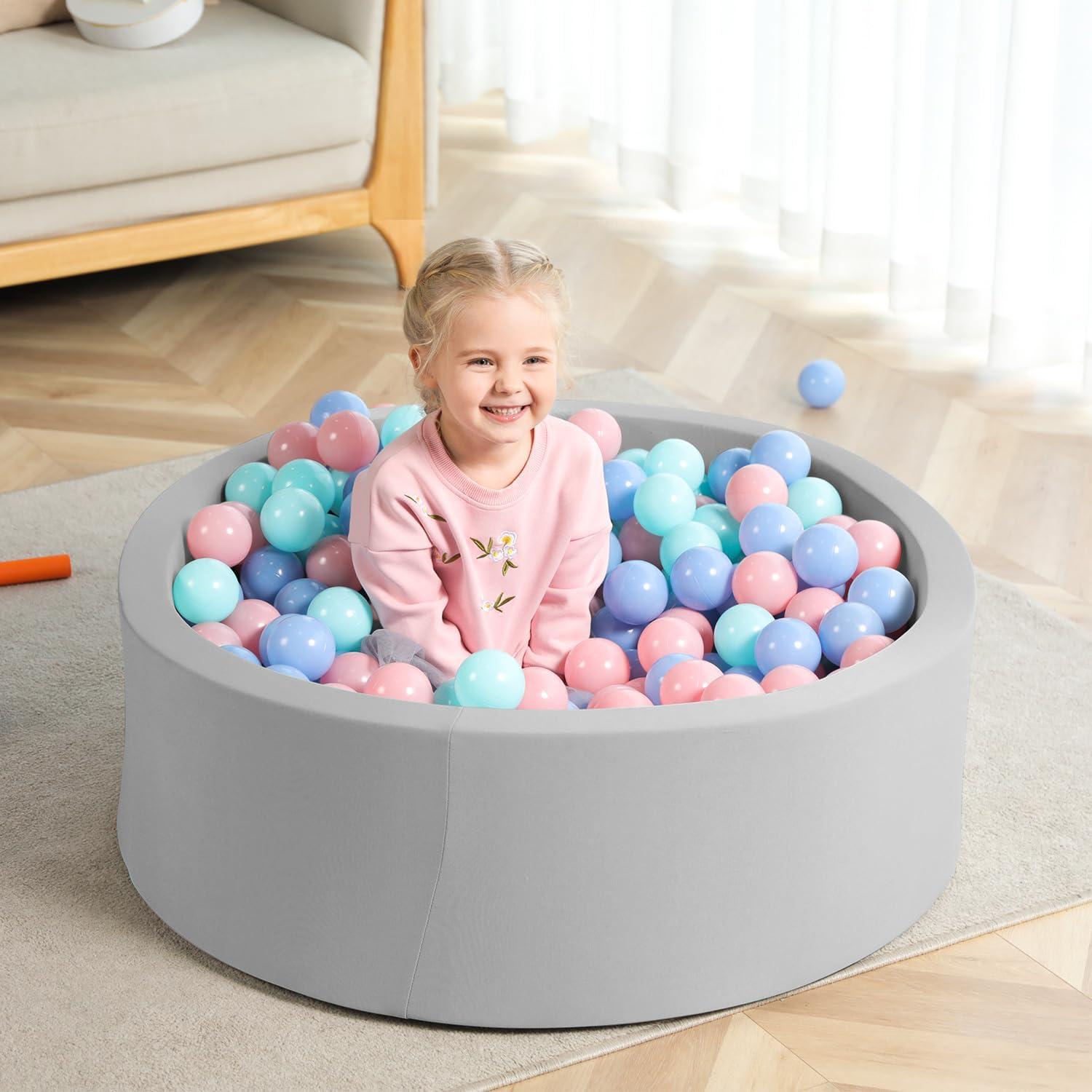 TrendBox Foam Ball Pit for Toddler, 35" x 12" Memory Sponge with Removable Cover Indoor Round Ball Pit for Kids Children - Light Gray