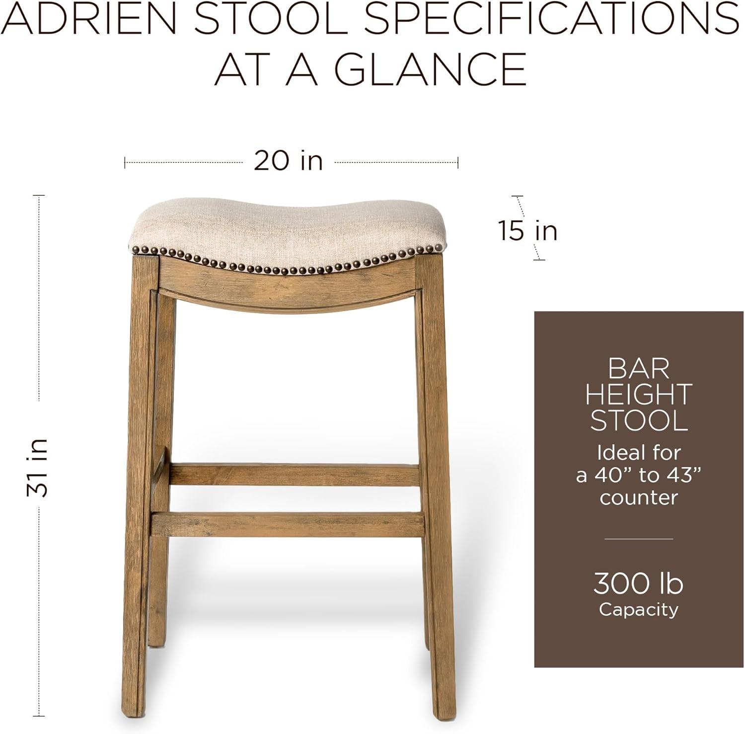 Maven Lane Adrien 31 Inch Bar Height Upholstered Backless Saddle Barstool in Natural Wood Finish with Wheat Cream Fabric Cushion Seat, Set of 2