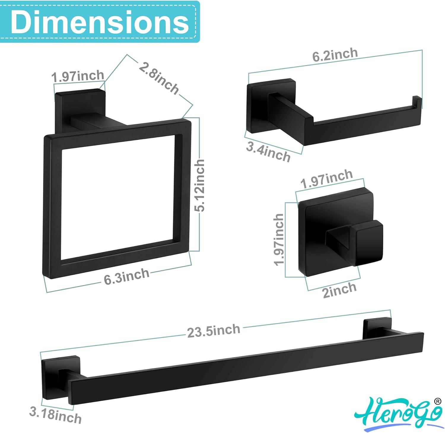 5 Pieces Square Matte Black Stainless Steel Bathroom Accessories Set Include 23.6 in Towel Bar, Toilet Paper Holder, Towel Ring, 2 Robe Towel Hooks