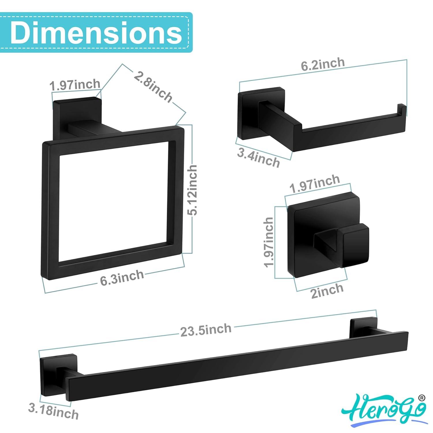 5 Pieces Square Matte Black Stainless Steel Bathroom Accessories Set Include 23.6 in Towel Bar, Toilet Paper Holder, Towel Ring, 2 Robe Towel Hooks