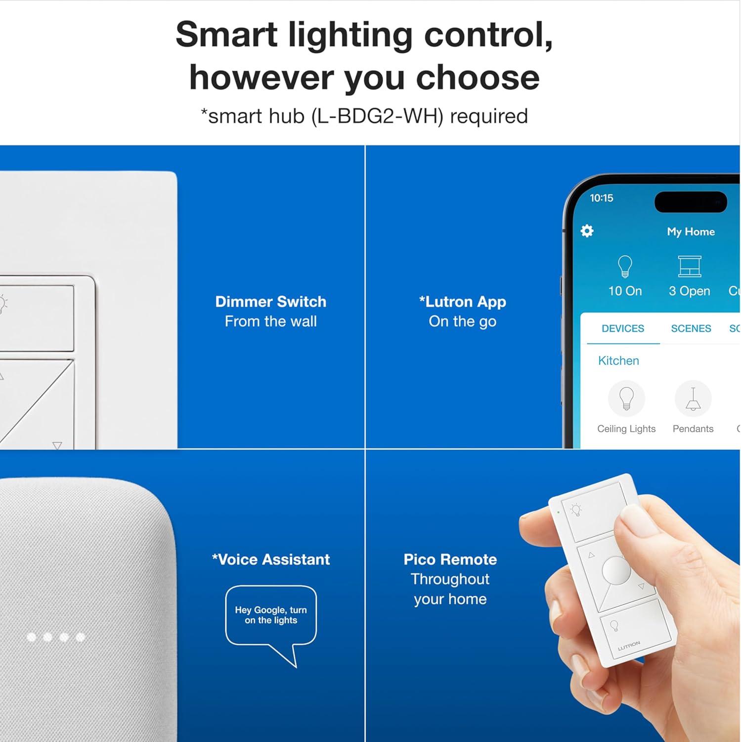 Lutron Caséta Wireless Smart Lighting Dimmer Switch Starter Kit with Caséta Smart Hub and Pico Bracket P-BDG-PKG1W-A