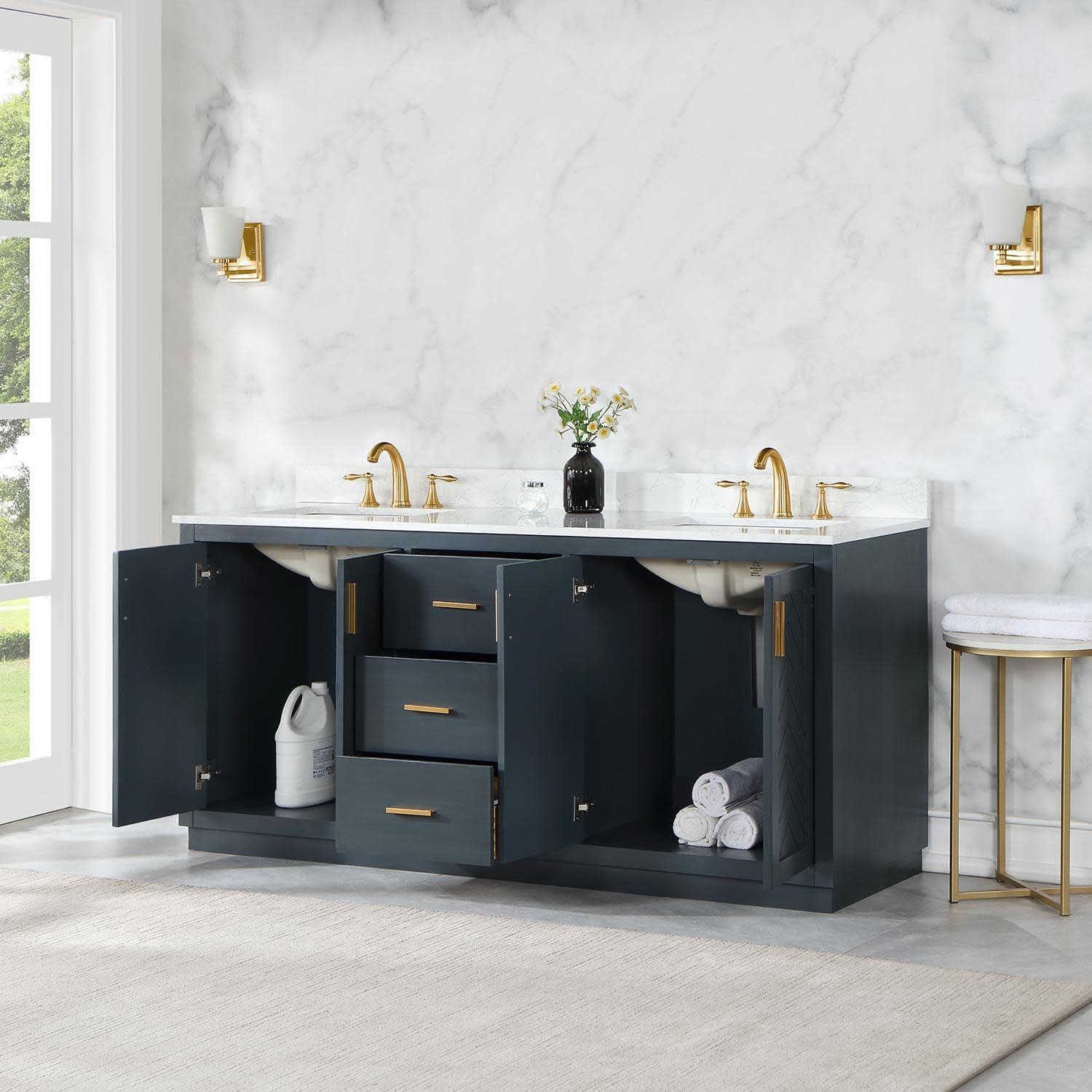 Gazsi 72" Double Bathroom Vanity Set in Black Oak with Grain White Composite Stone Countertop Without Mirror