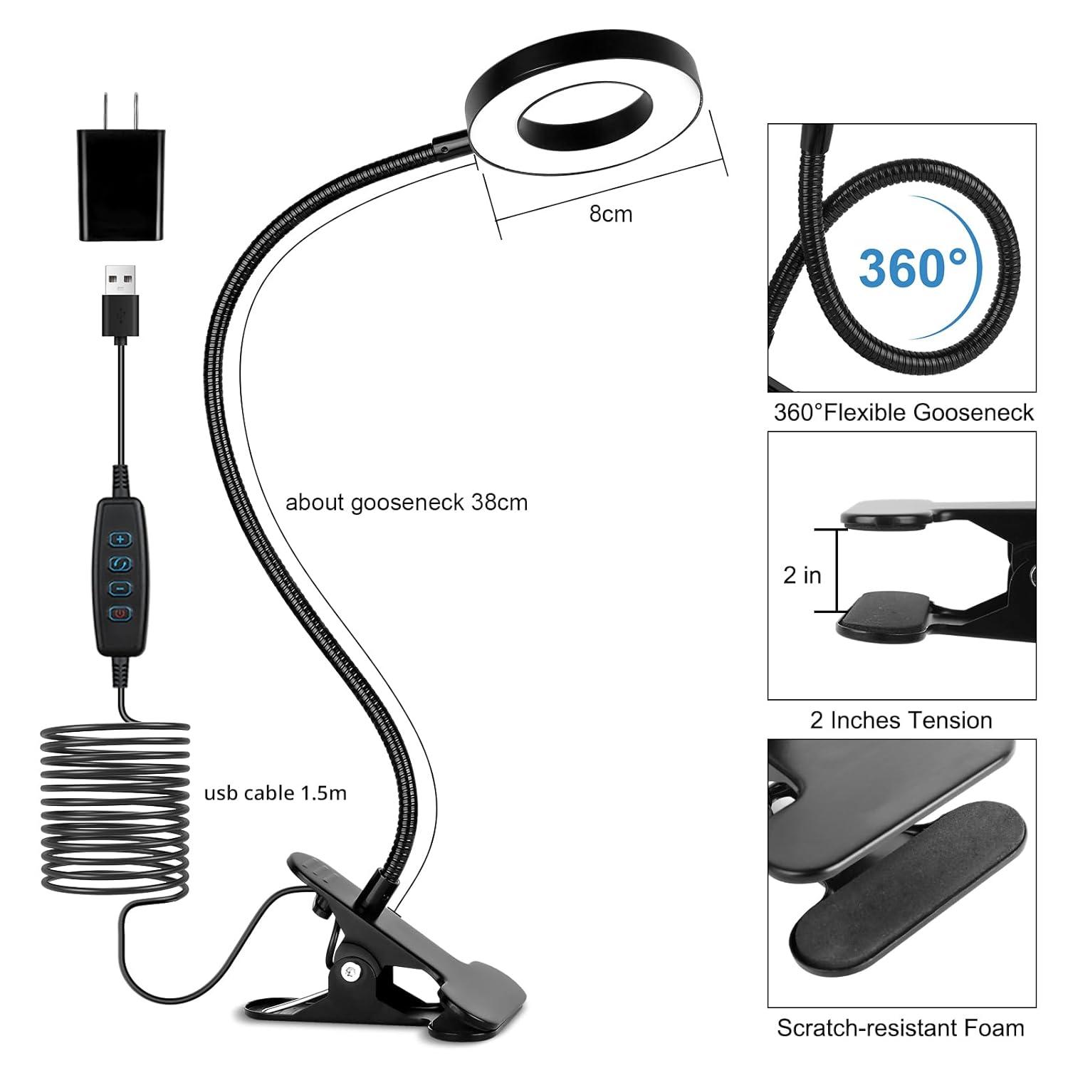 Desk Clip on Lamp for Reading Home Office, 10 Dimmable Brightness 3 Modes, Clamp Light for Bed Headboard