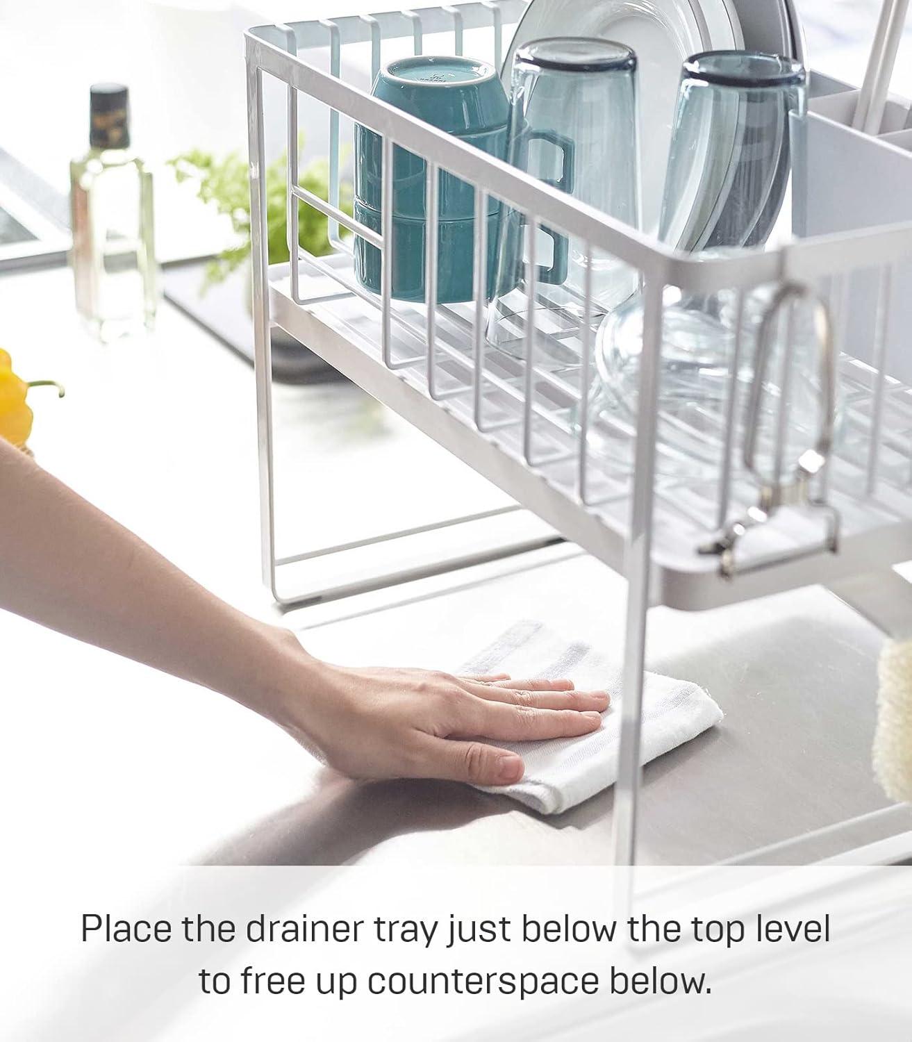 Tower Yamazaki Home Two-Tier Adjustable Dish Drainer Rack, Utensils Holder, Steel, Draining Spout