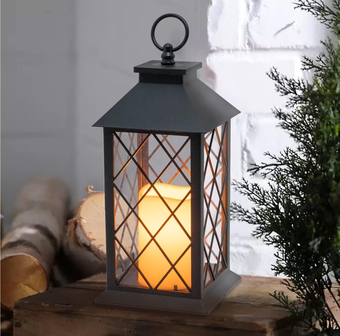 YAKii 13" Decorative Candle Lantern with LED Flameless Candle and Timer, Plastic LED Candle & Holder, Indoor & Outdoor Hanging Lights Thanksgiving &Christmas Day Decorations, Pack of 6 (Black)