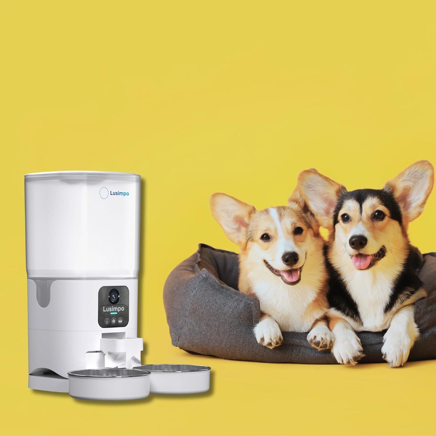 LUSIMPO Automatic Dual Pet Feeder with 1080P HD Camera for 2 Dogs/Cats, Double Bowls, Free App Control, Scheduled Feeding, Auto Night Vision, Large Food Capacity 7L, Motion Detection, No Monthly fee