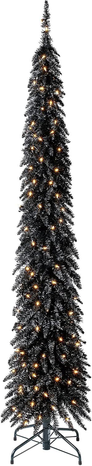 Home Heritage 7 Foot Pencil Slim Artificial Prelit Christmas Tinsel Tree, Black