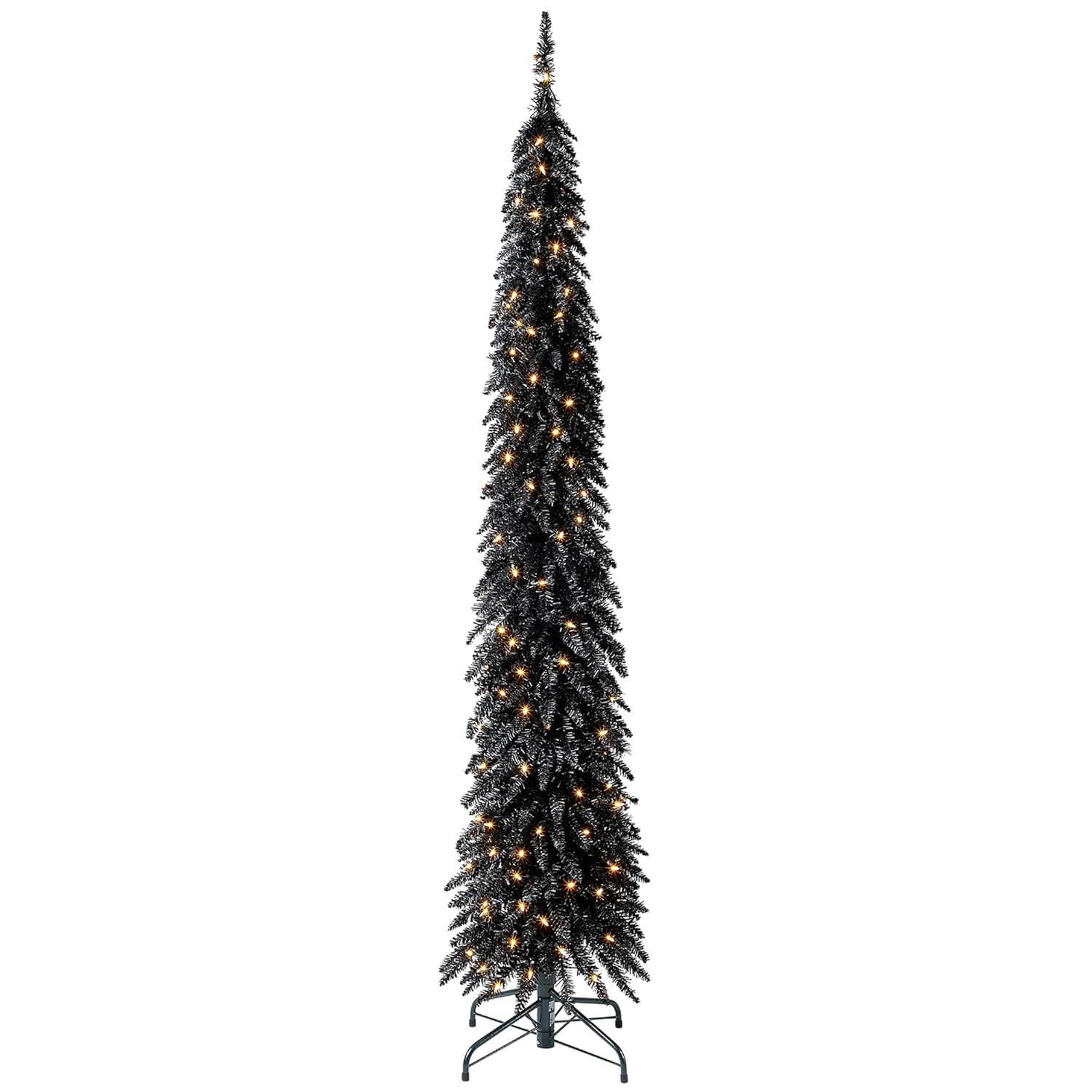 Polygroup Trading Ltd Home Heritage 7 Foot Pencil Slim Artificial Prelit Christmas Tinsel Tree, Black