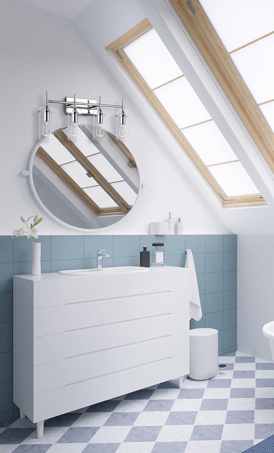 Linea di Liara Effimero Modern Farmhouse Bathroom Vanity Lights Fixtures 4 Lights Over Mirror Chrome Vanity Lights for Bathroom Light Fixtures Industrial Lighting Clear Glass Covers, UL Listed