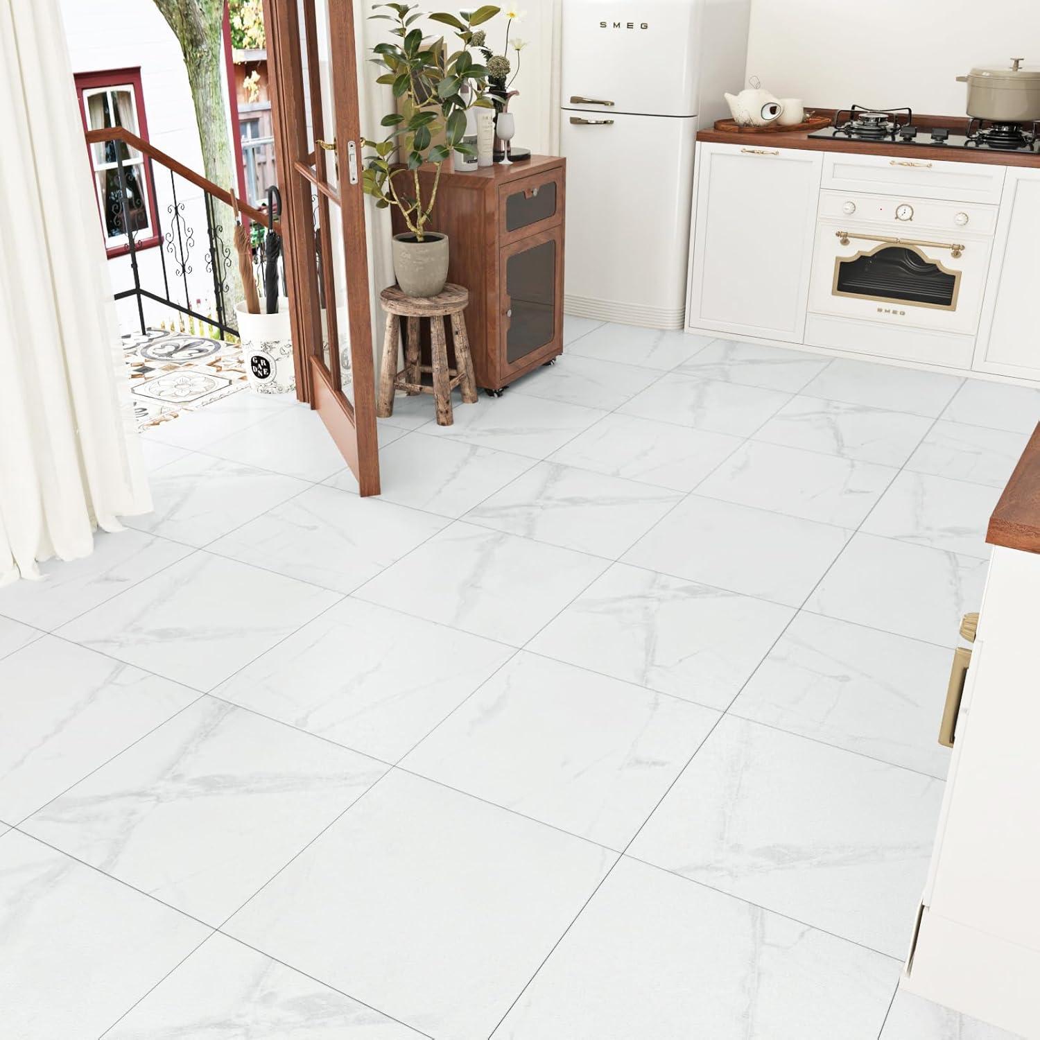 WESTICK Marble White Peel and Stick Floor Tile Waterproof Vinyl Tiles Peel and Stick Floor 12" x 12" Removable Self Adhesive Flooring Tiles for Bathroom Bedroom Kitchen Flooring Living Room Gym 5 PCS