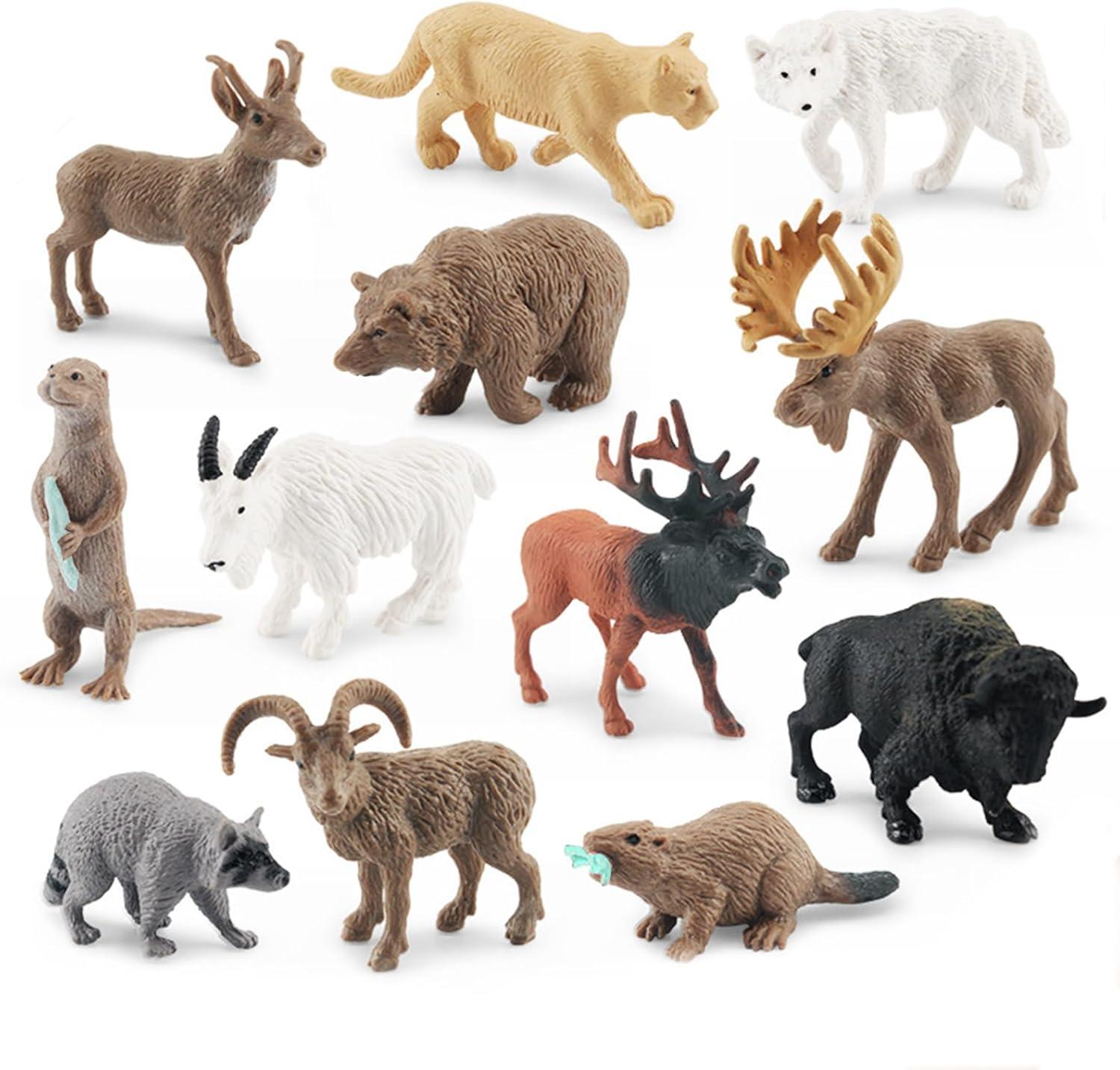 1-2 Inch North American Animals Set Mini Wild Animals Figurines Set Plastic Wolf Figure Moose Figure Toy Gift for Kid Toddlers Raccoon Animals Cake Topper