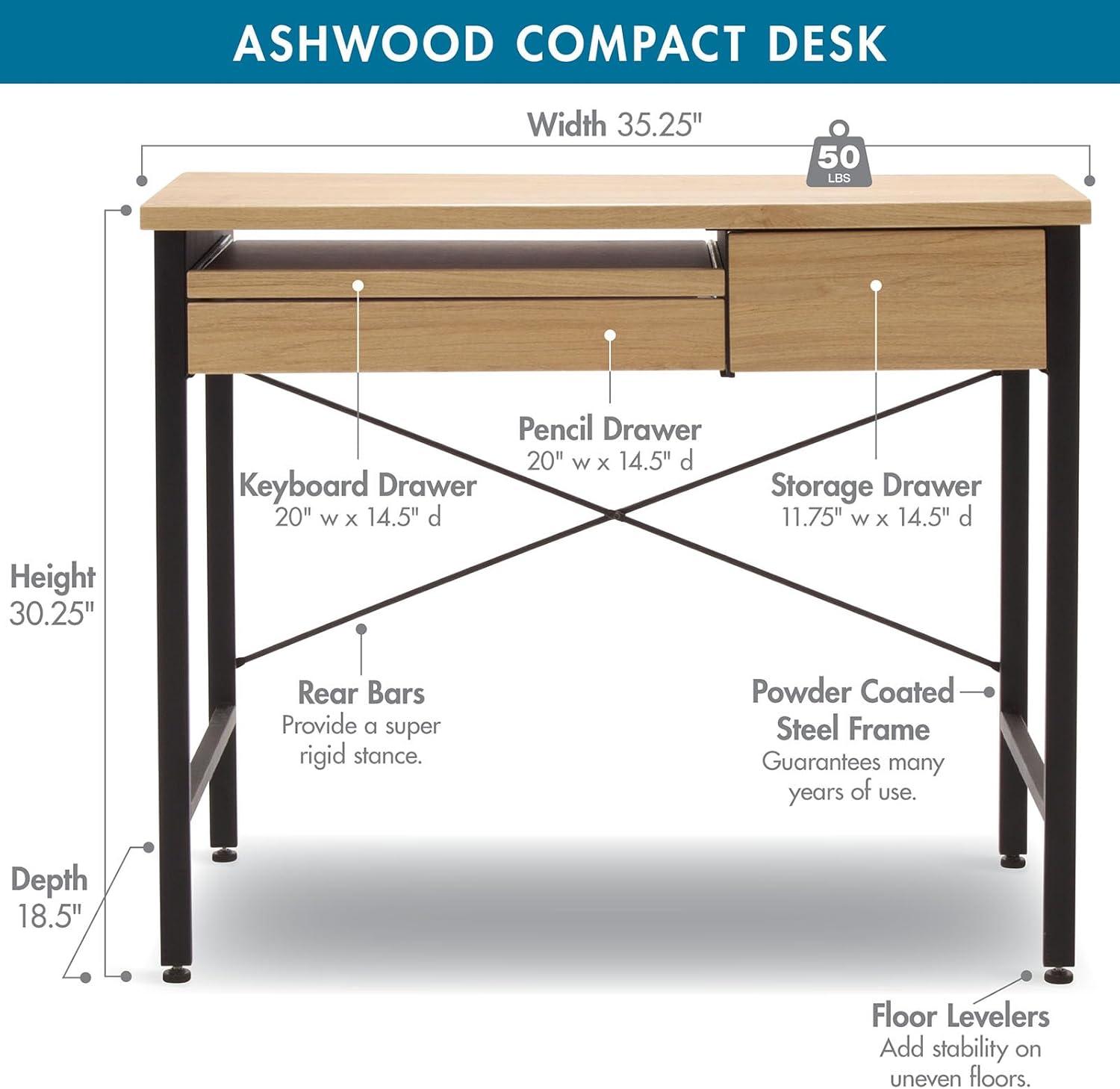 studio designs Ashwood Compact Home Office Desk with Drawers in Ashwood/Black: Laminated Writing Desk with Metal Frame, Keyboard Tray