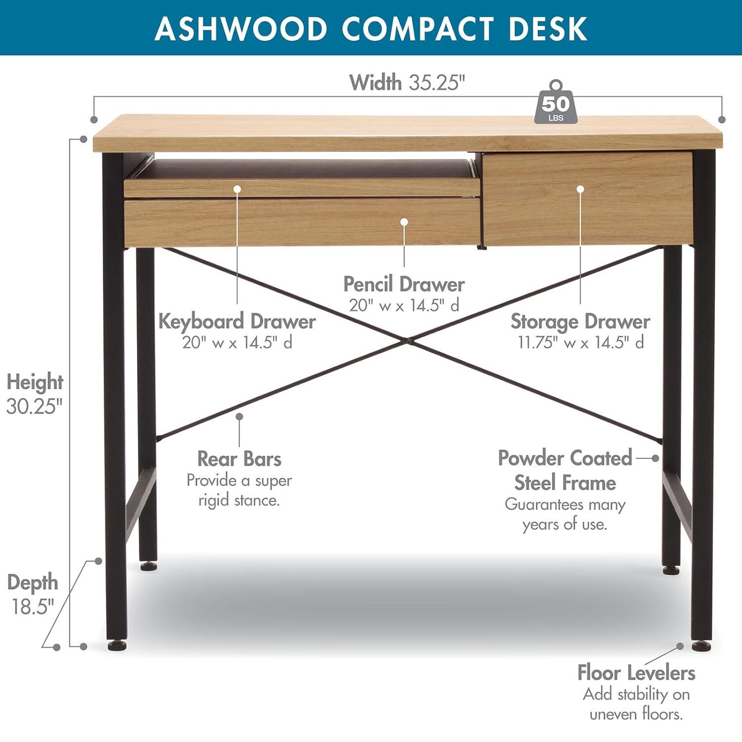 studio designs Ashwood Compact Home Office Desk with Drawers in Ashwood/Black: Laminated Writing Desk with Metal Frame, Keyboard Tray