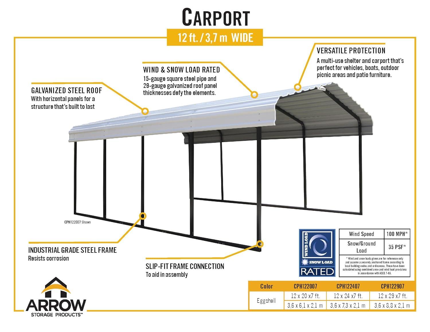 Arrow Steel Carport, 12 ft. x 20 ft. x 7 ft. Galvanized Black/Charcoal