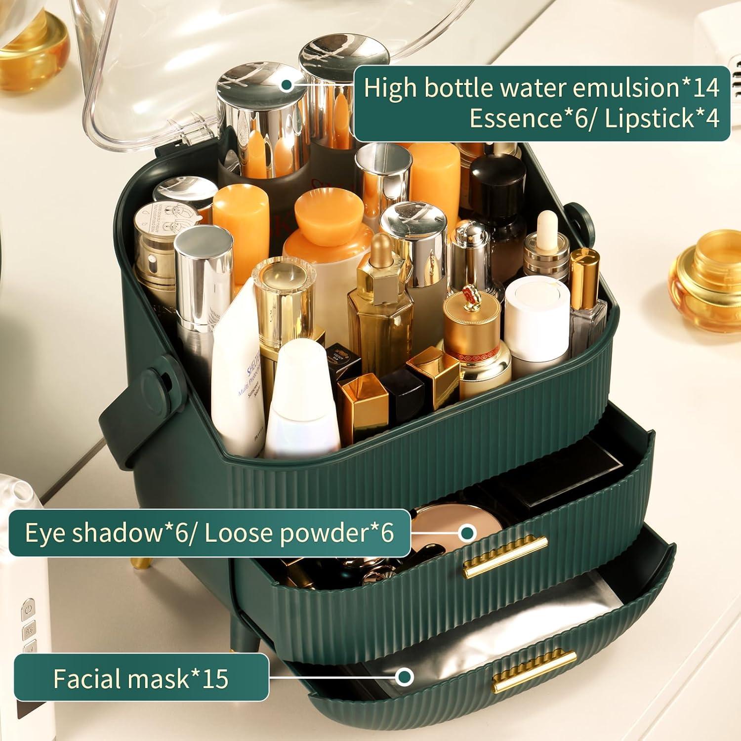 Make up Organizers and Storage, Makeup Organizer for Vanity, Cosmetics Skincare Organizers with Lid and Drawers, Cosmetic Display Cases for Countertop, Bathroom, Ideal Gifts for Women(Light Green)