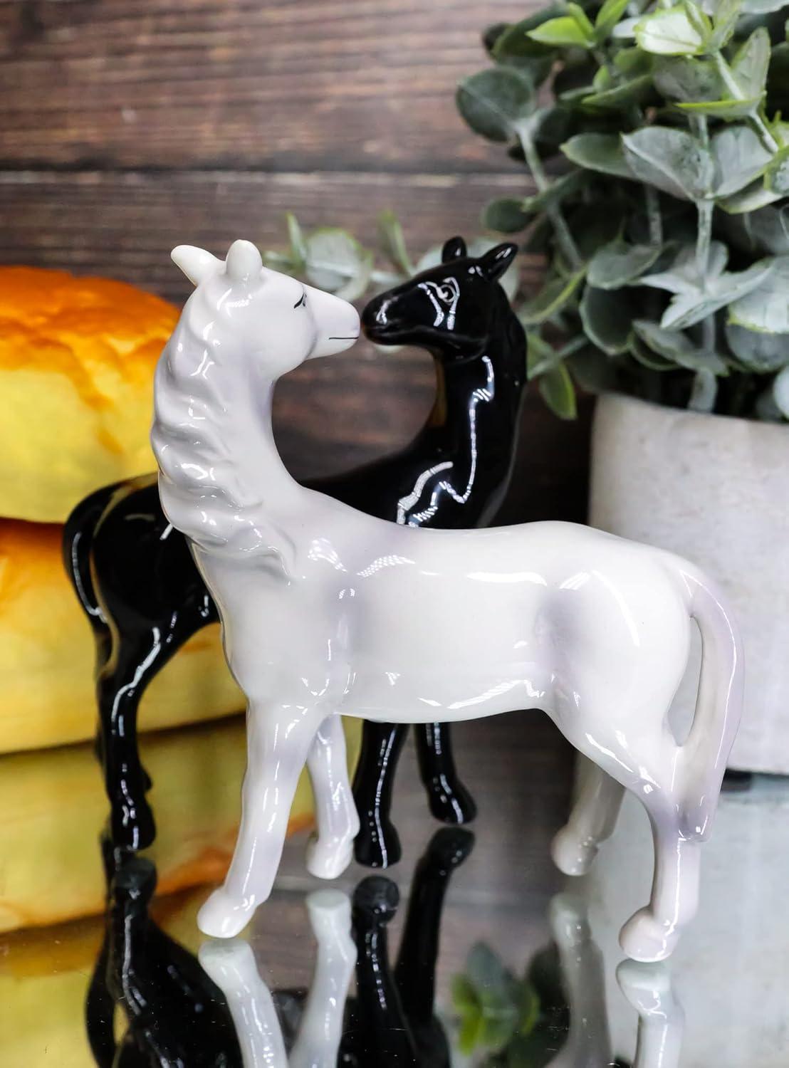 Atlantic Collectibles Romantic Black and White Horses Ceramic Magnetic Salt Pepper Shakers Set Figurines