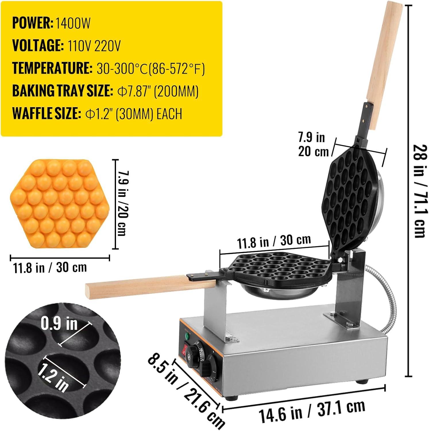 VEVOR Commercial Bubble Waffle Maker, 1400W Egg Bubble Puff Iron w/ 180° Rotatable 2 Pans & Wooden Handles, Stainless Steel Baker w/Non-Stick Teflon Coating, 50-250℃/122-482℉ Adjustable