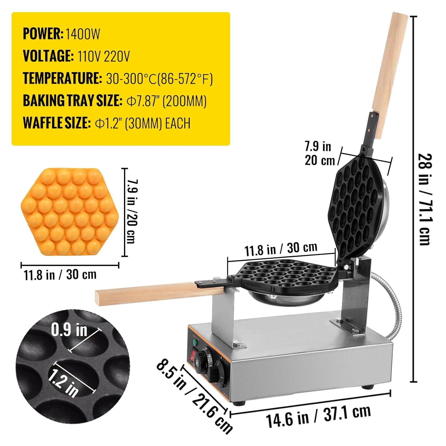 VEVOR Commercial Bubble Waffle Maker, 1400W Egg Bubble Puff Iron w/ 180° Rotatable 2 Pans & Wooden Handles, Stainless Steel Baker w/Non-Stick Teflon Coating, 50-250℃/122-482℉ Adjustable