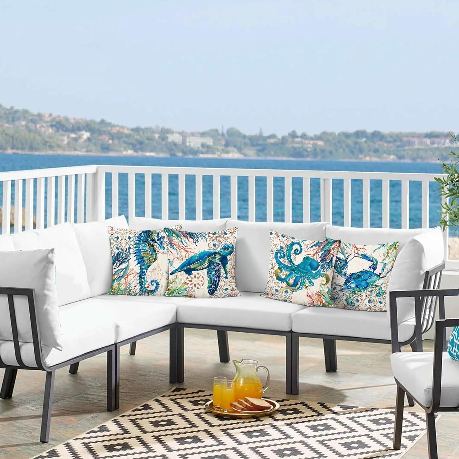Bonhause Nautical Coastal Ocean Throw Pillow Covers 18 x 18 Inch Set of 4 Sea Turtle Seahorse Octopus Outdoor Decorative Pillow Cases Polyester Linen Cushion Covers for Sofa Couch Bedroom Home Décor