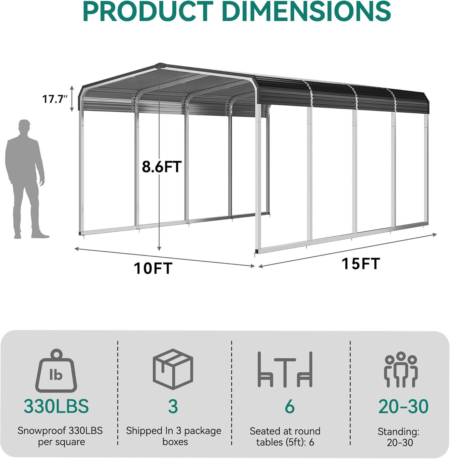 Tolead 12' x 20' Outdoor Metal Carport, Heavy Duty Galvanized Steel Car Canopy for Truck, SUV, Boat, Grey