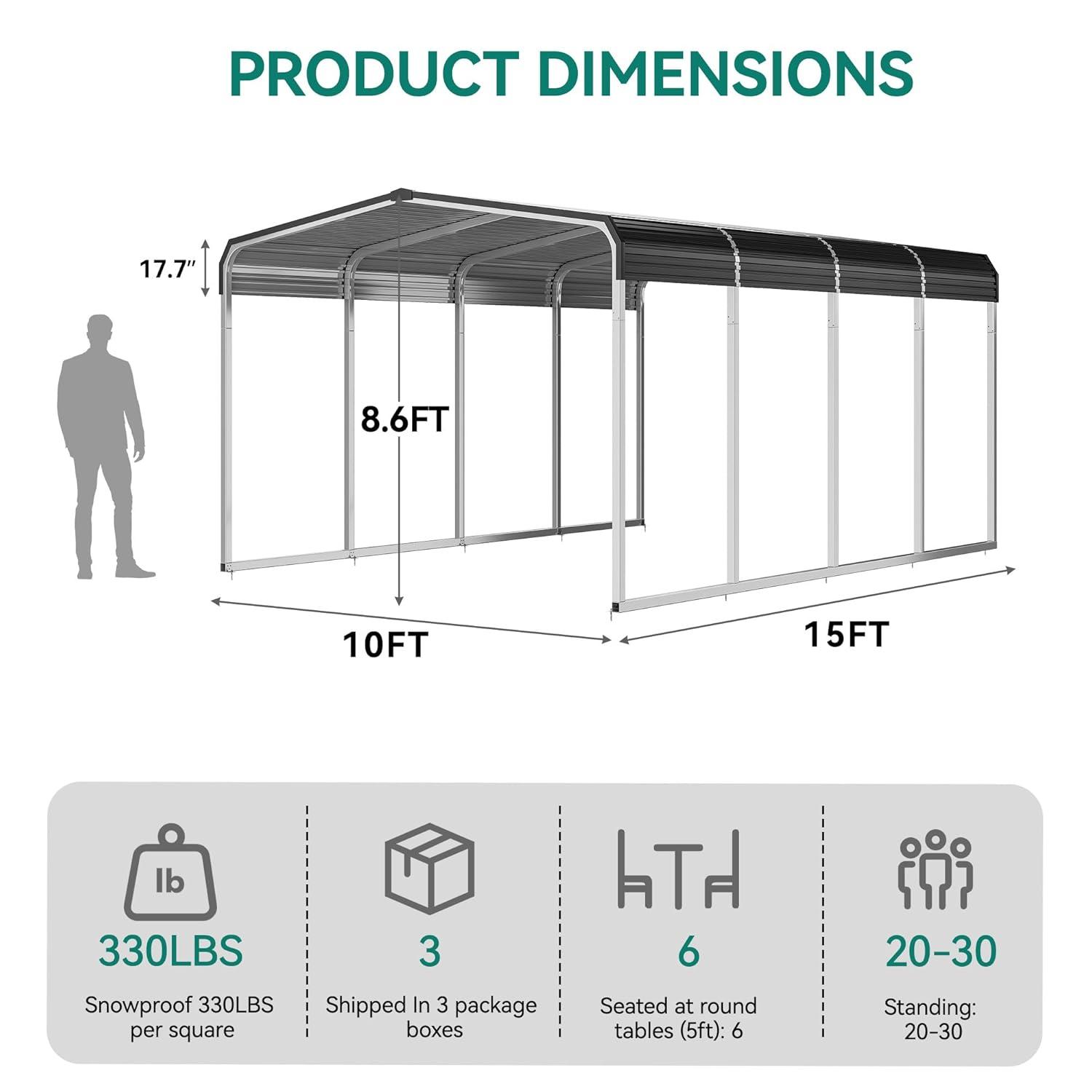 Tolead 12' x 20' Outdoor Metal Carport, Heavy Duty Galvanized Steel Car Canopy for Truck, SUV, Boat, Grey