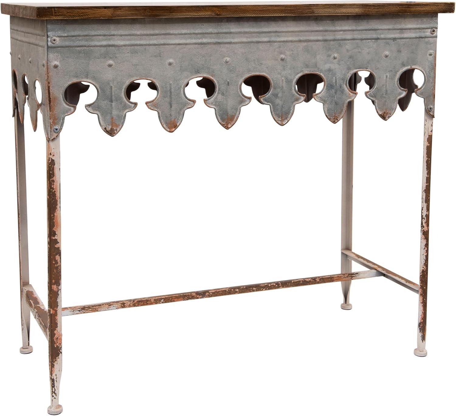 Storied Home Scalloped Sofa Table Silver: Farmhouse Zinc-Finish, Fir Wood Top, 44 lbs Capacity