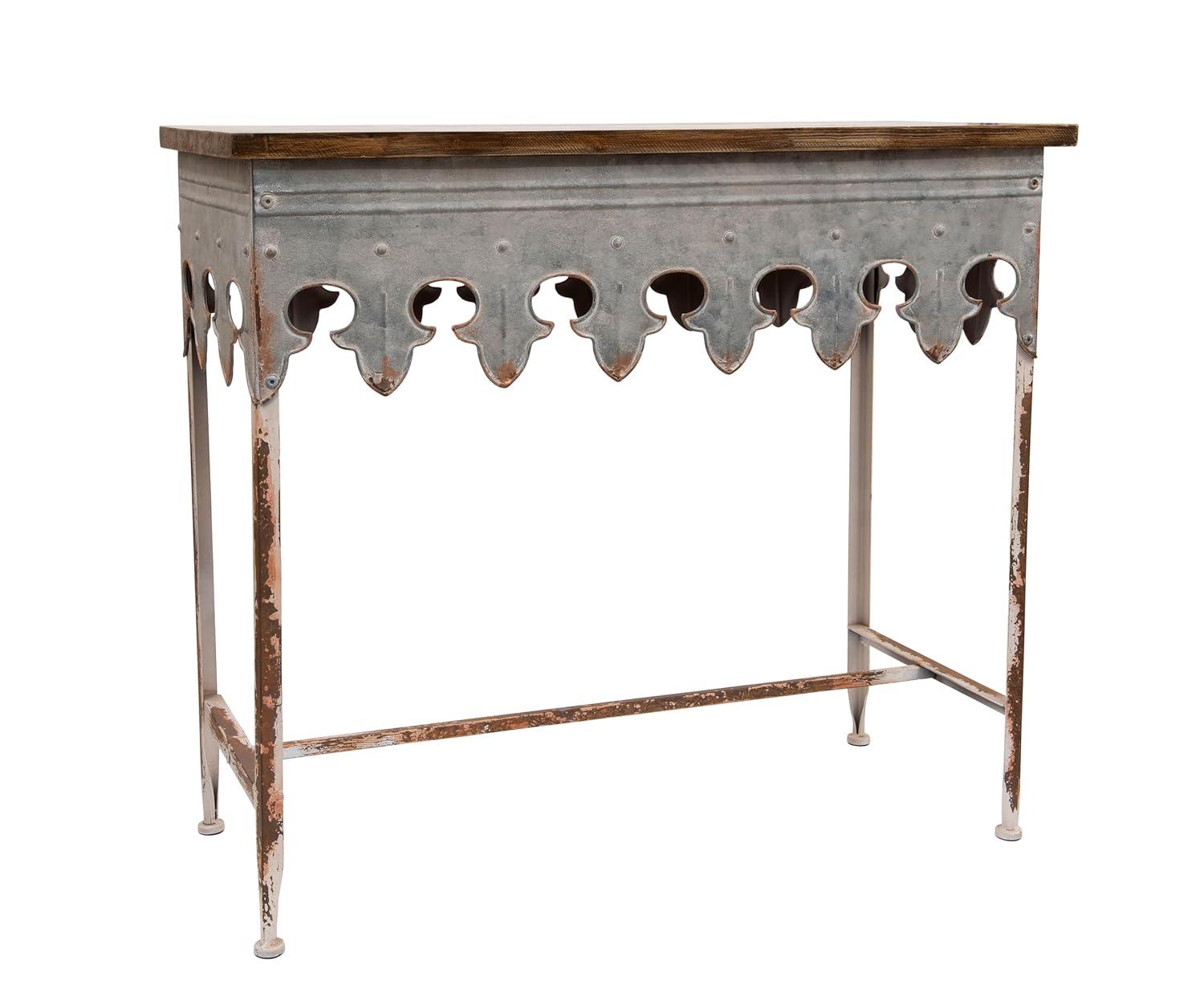 Storied Home Scalloped Sofa Table Silver: Farmhouse Zinc-Finish, Fir Wood Top, 44 lbs Capacity