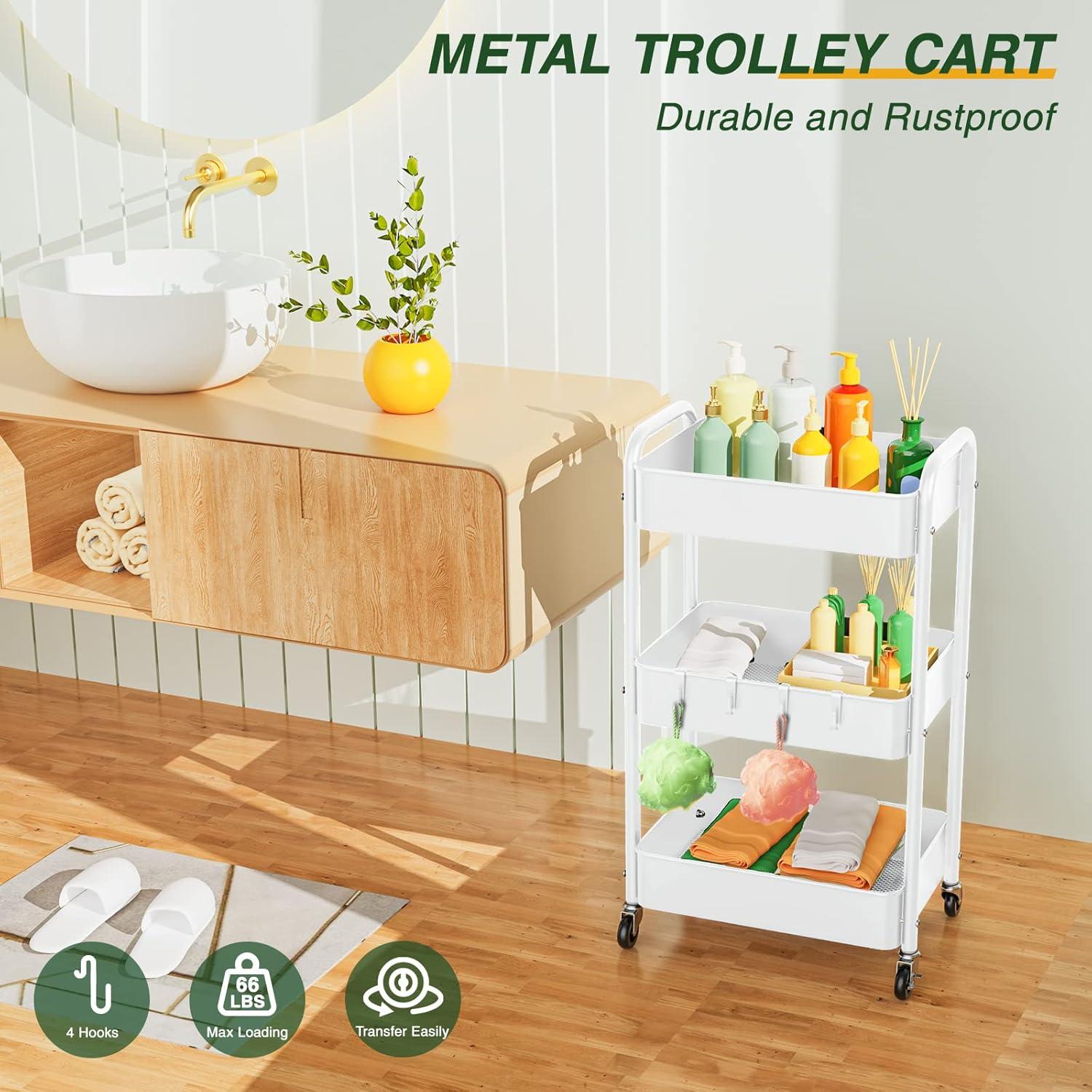 LEHOM 3 Tier Rolling Utility Cart, Metal Trolley Cart with Wheels, Hooks, Easy Assembly Organizer Storage Cart for Bathroom, Kitchen, Office, Bedroom(White)