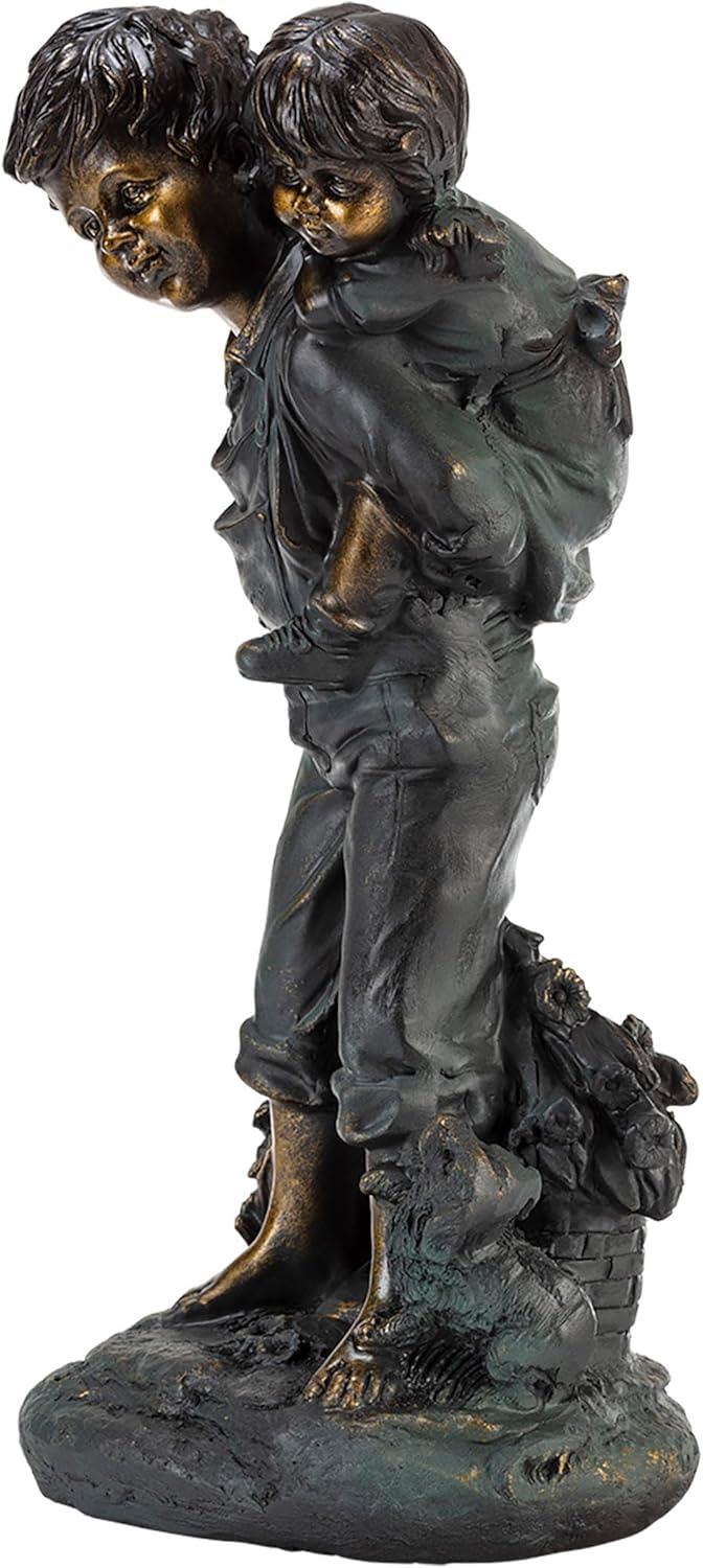 Alpine Corporation 16" Polyresin Girl and Boy with Dog Sitting on Bench Sculpture Bronze: Durable Outdoor Decor, Magnesium Oxide, Rust-Resistant