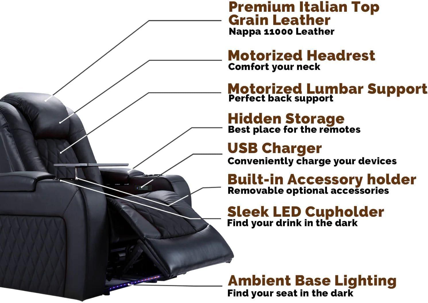 Valencia Tuscany Home Theater Seat - Nappa Leather Power Recliner with Cool Gel Memory Foam, USB-C/USB-A Charging, RGB LED Lights, Adjustable Lumbar & Headrest (Row of 2, Black)