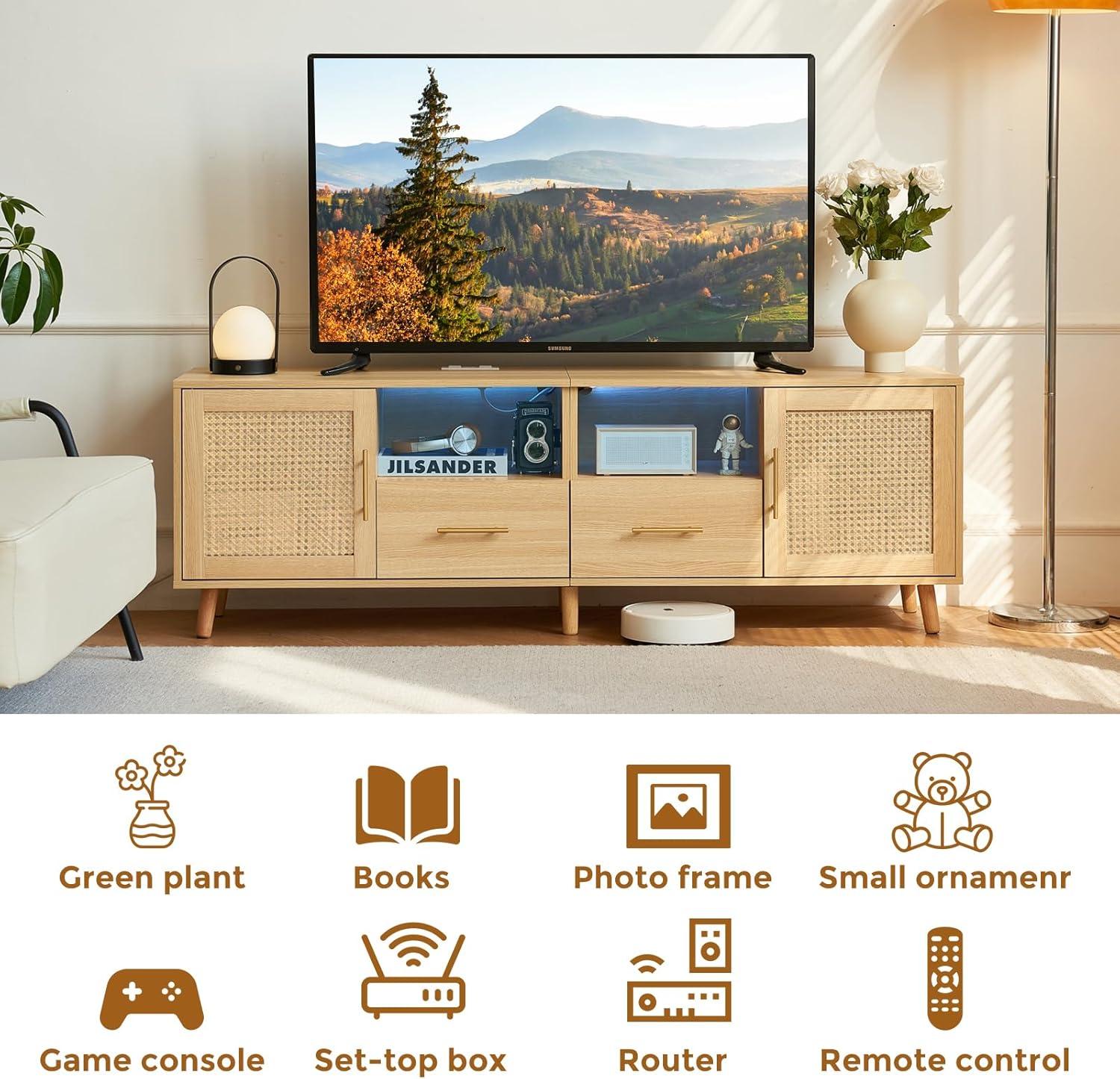 Bay Isle Home™ Heyer Large Wood Rattan TV Stand for TVs up to 75" with LED Light and Charging Station, Coastal Media Console Table, Multimedia Storage Furniture with 2 Drawers, Lighting TV Cabinet  & Reviews | Wayfair