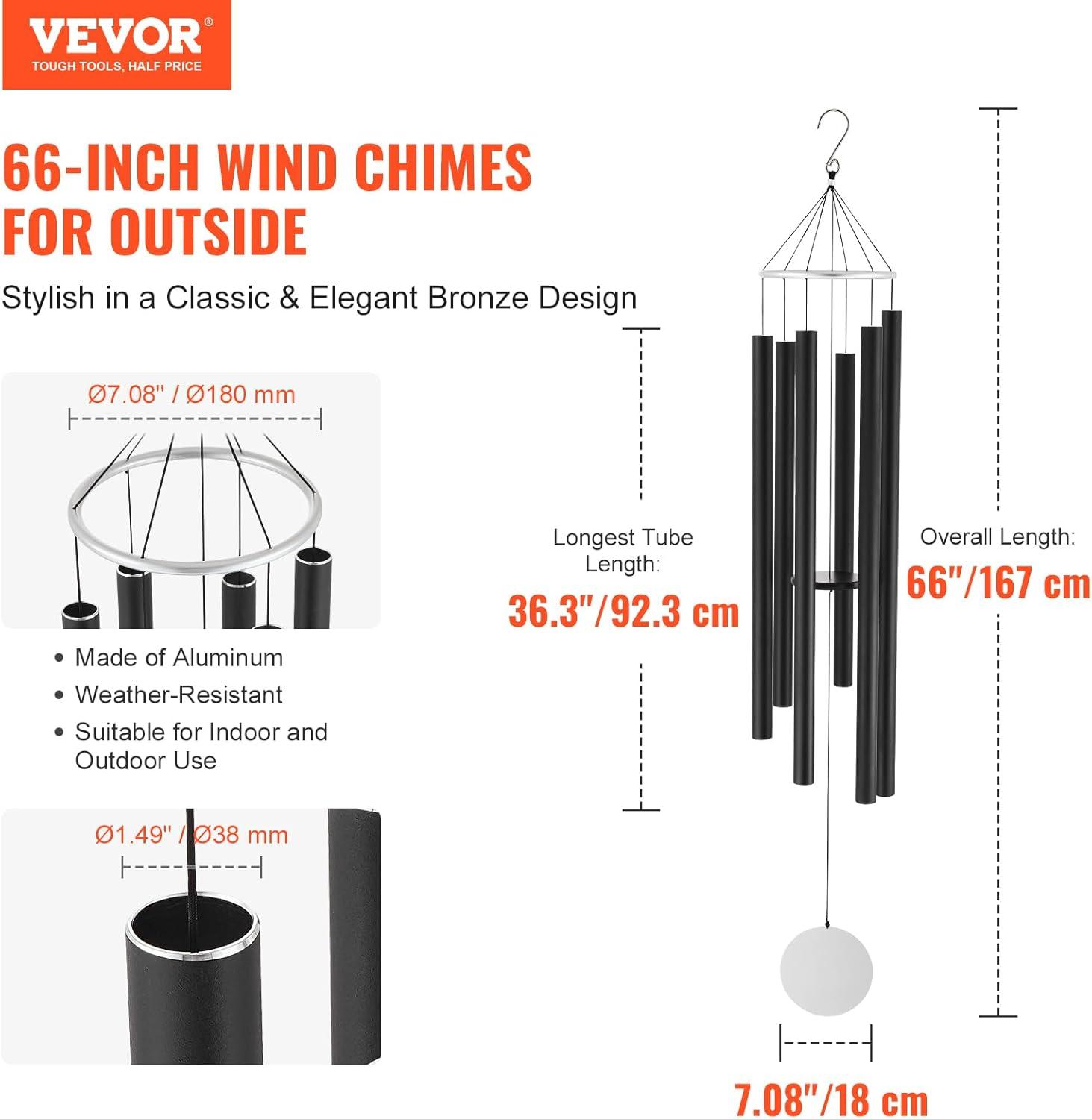 Vevor JSFLHS66INCH8UZWQV0 66 in. Outside Aluminum Memorial Deep Tone Wind Chimes - Black